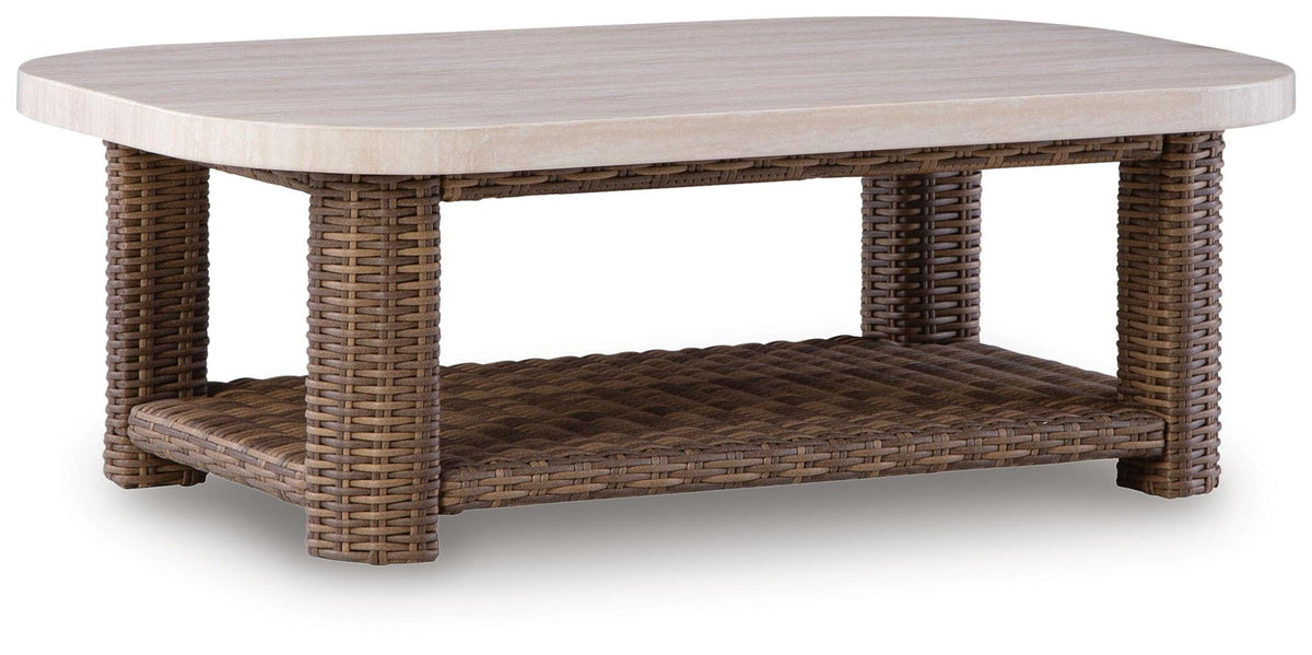 Dolan Creek Rectangular Cocktail Table | 50 x 30 x 17.75 in | Wicker & Stainless Steel | Beige / Brown