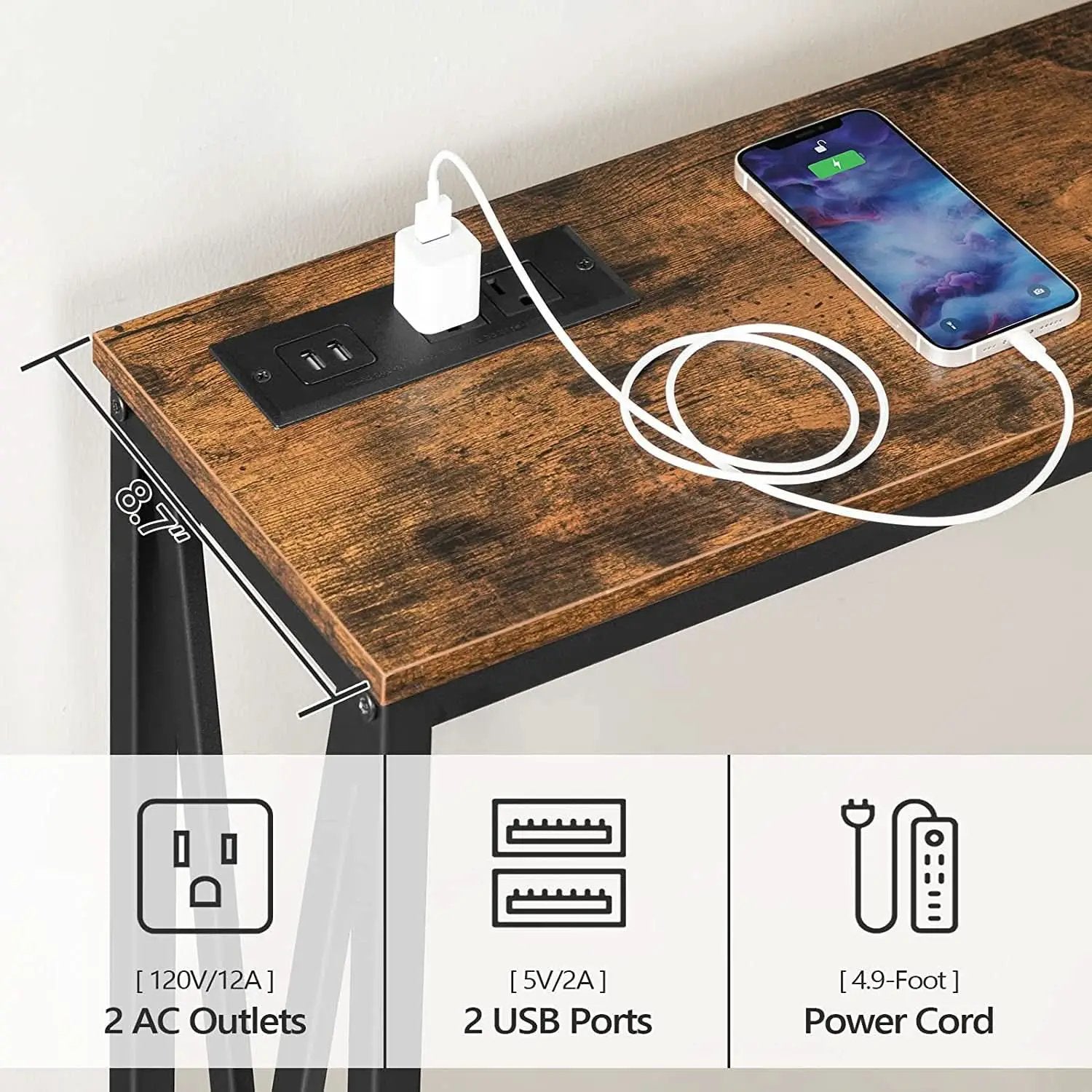 Rustic Brown Sofa Table With Power Outlet And USB Ports from PriceLows™