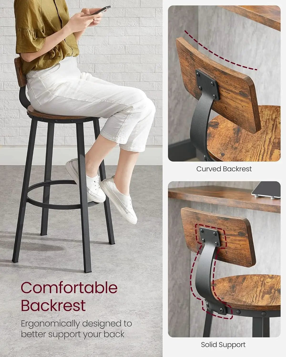 Bar Stools Set Of 2 Counter Height 28.7 Inch With Back Rustic Brown And Black from PriceLows™