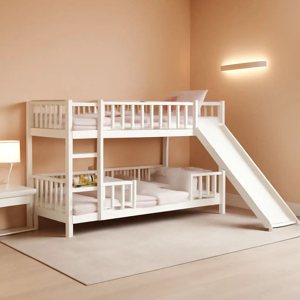 Twin Low Bunk Bed With Openable Fence And Slide White from PriceLows™