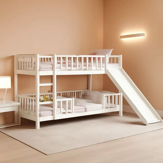 Twin Low Bunk Bed With Openable Fence And Slide White from PriceLows™