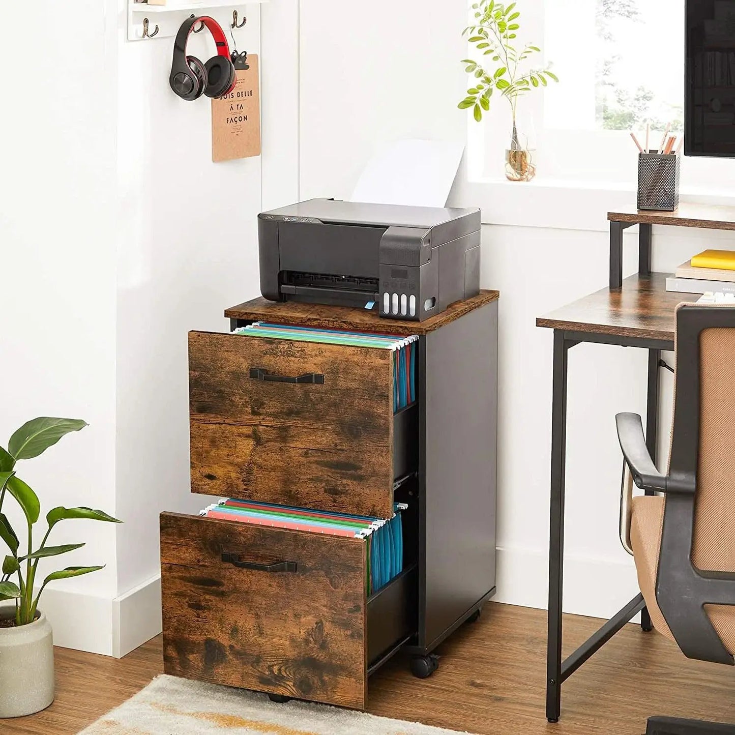 Two Drawer File Cabinet For Home Office Rolling Rustic Brown And Black Fits A4 And Letter Files from PriceLows™