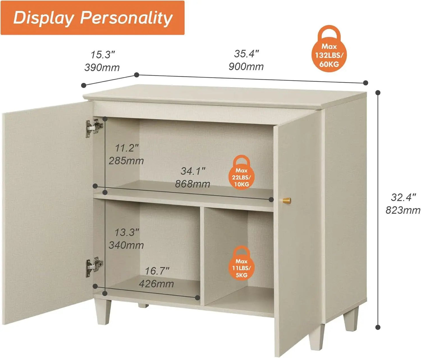 Beige Buffet Sideboard With Internal Storage Compartments from PriceLows™