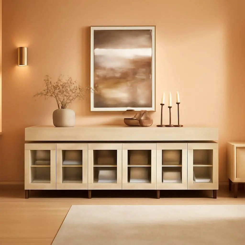 Light Oak Glass Doors Sideboard With Drawers For Dining from PriceLows™