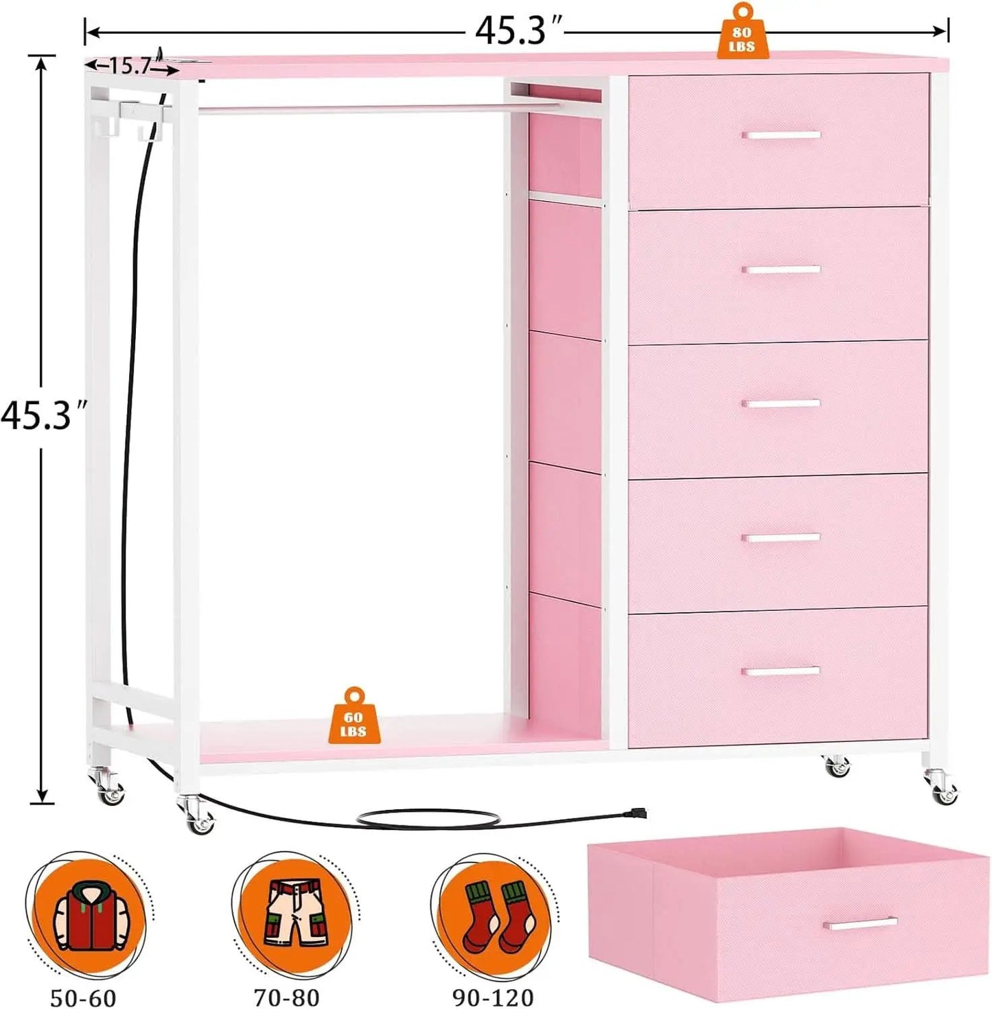 Pink Dresser With Clothes Rack 5 Drawers Charging Station from PriceLows™