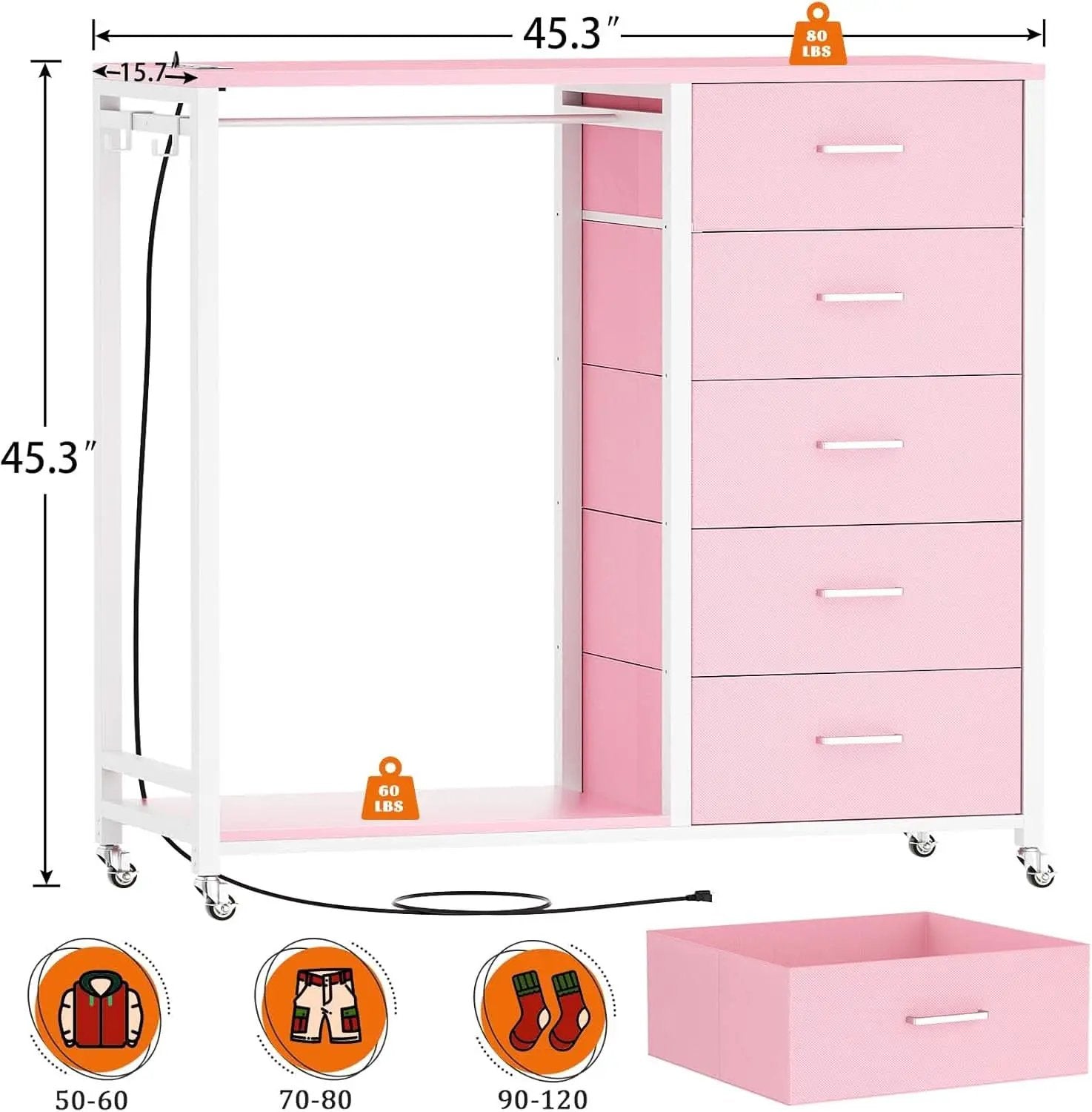 Pink Dresser With Clothes Rack 5 Drawers Charging Station from PriceLows™