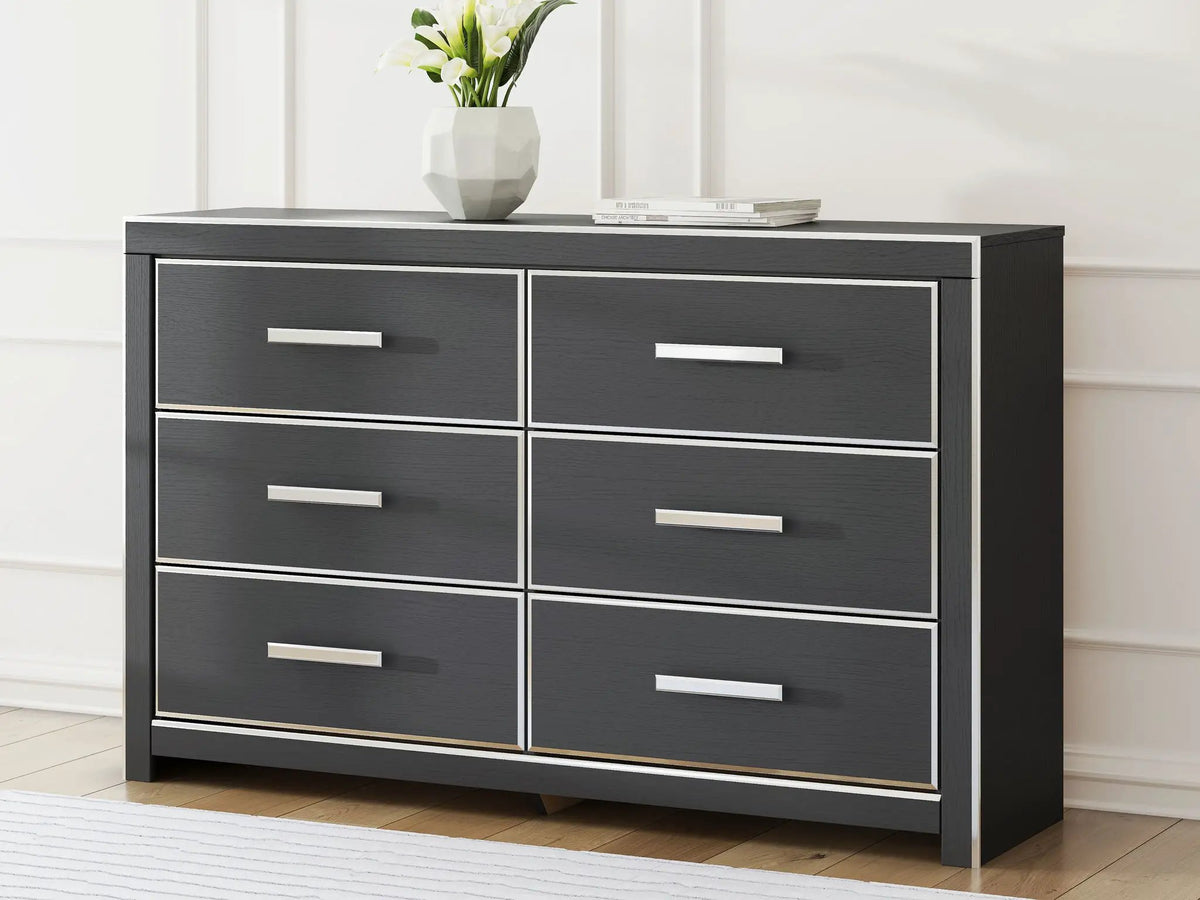 Zuraleus Six Drawer Dresser | Large-Scale Handles | Chrome-Tone Details | Glam Style