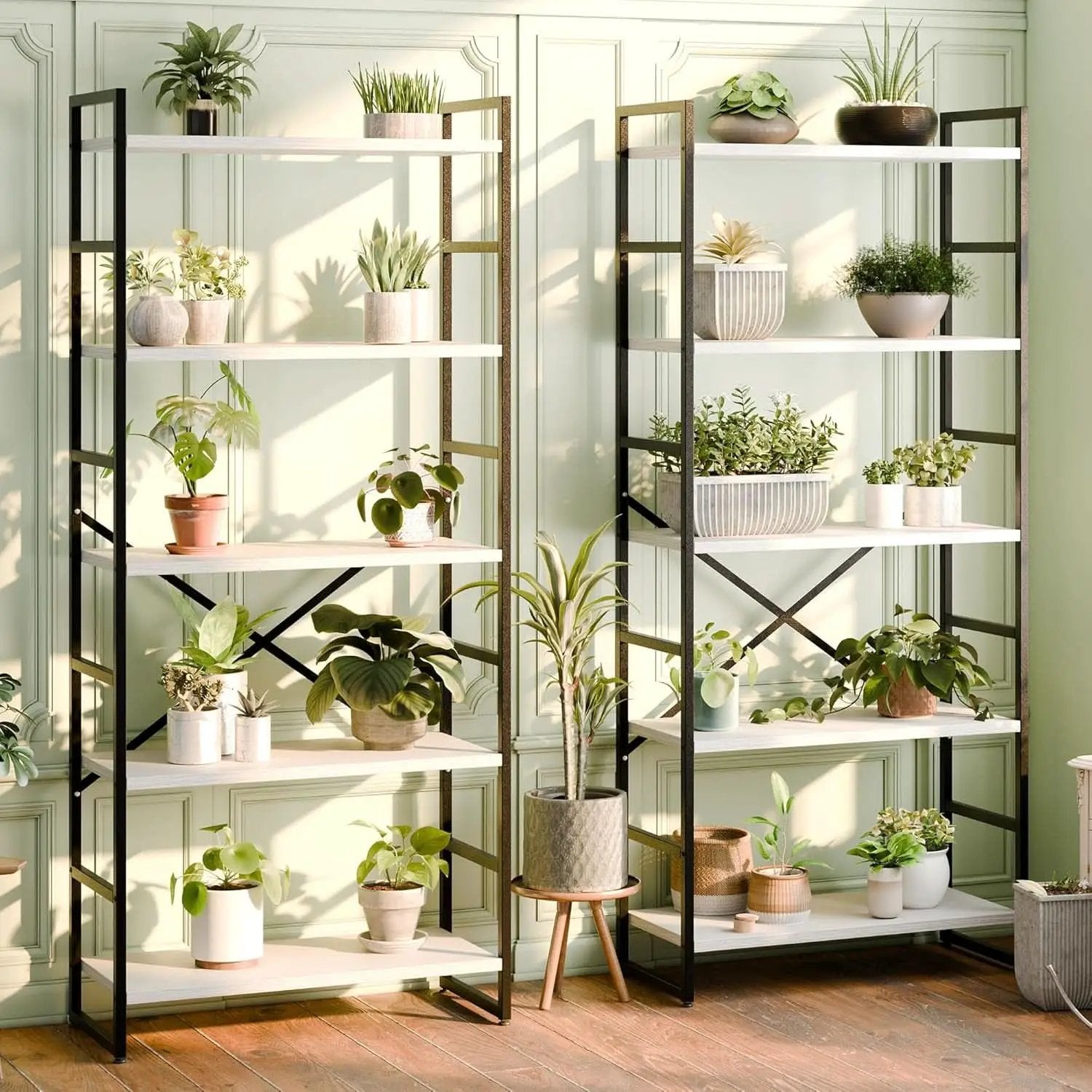 Two Piece Five Tier White Bookshelf Set Industrial Modern Bookcase For Living Room Office from PriceLows™