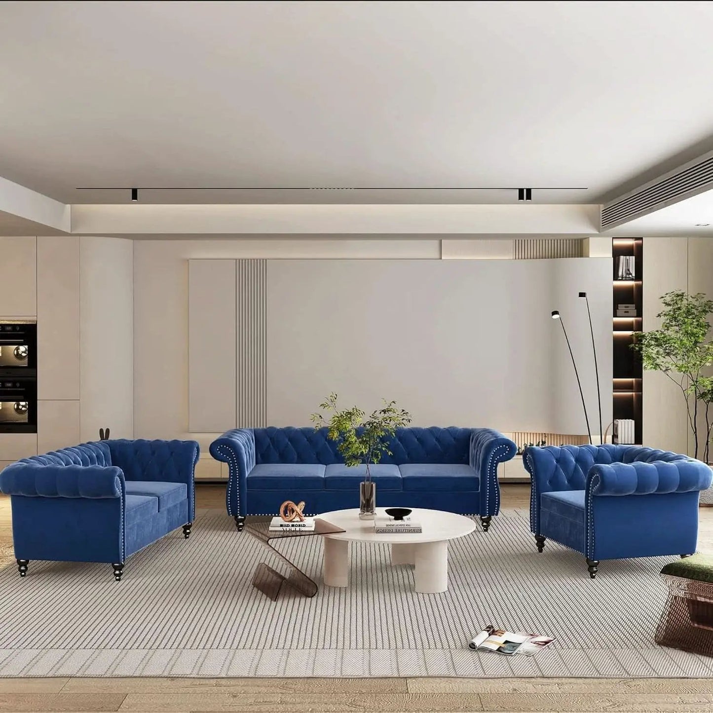 Blue Velvet 3 Piece Sectional Sofa Set With Tufting from PriceLows™