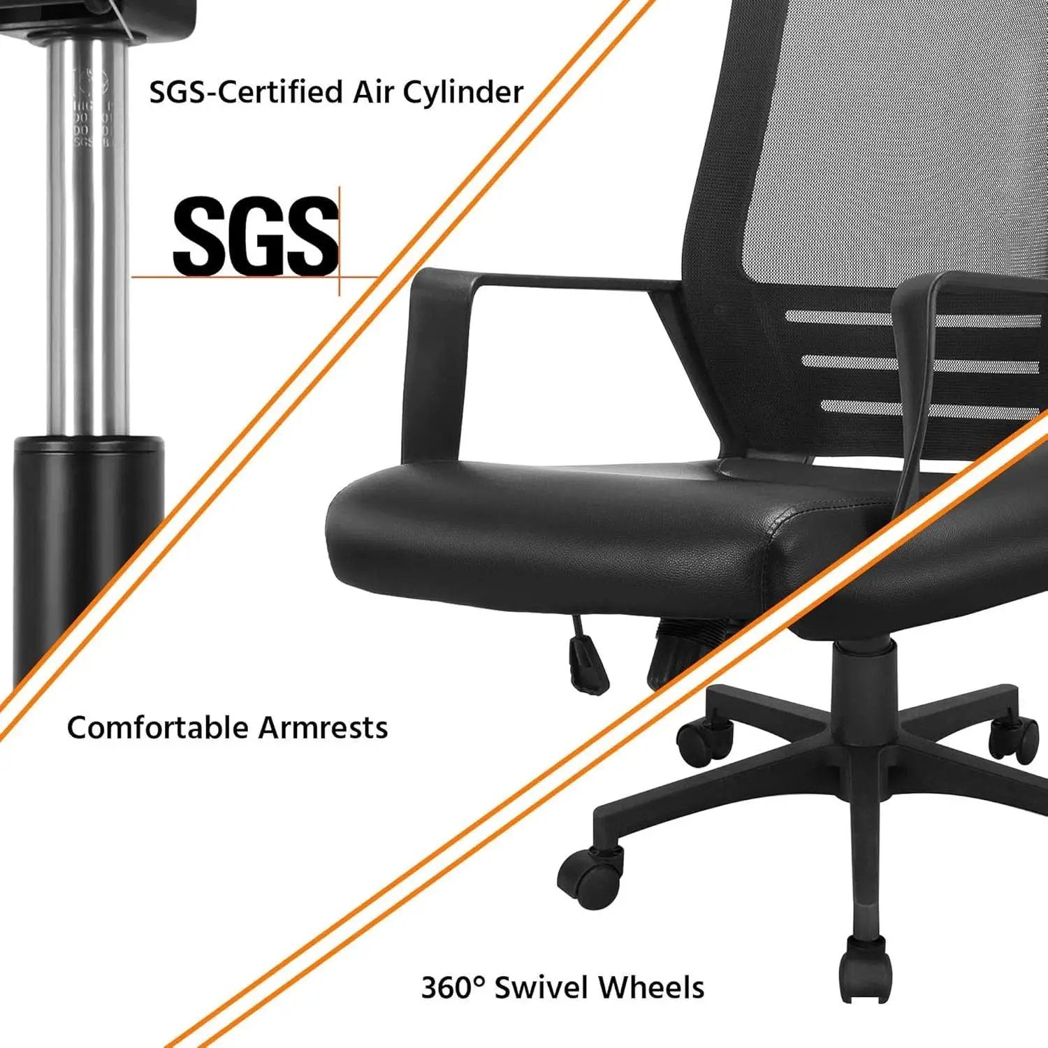 Ergonomic Office Chair Leather Seat Mesh Back Black With Lumbar Support from PriceLows™