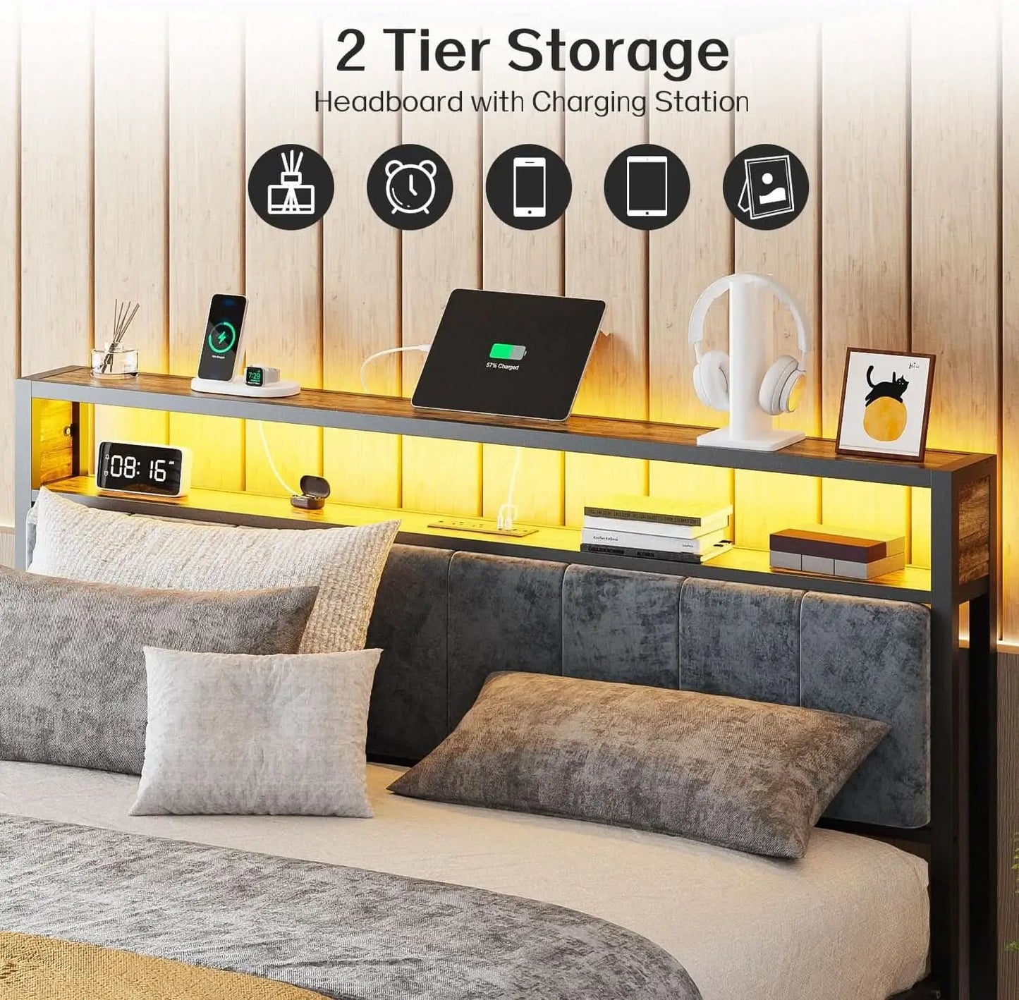 Queen Size RGB LED Headboard With Storage And Charging from PriceLows™