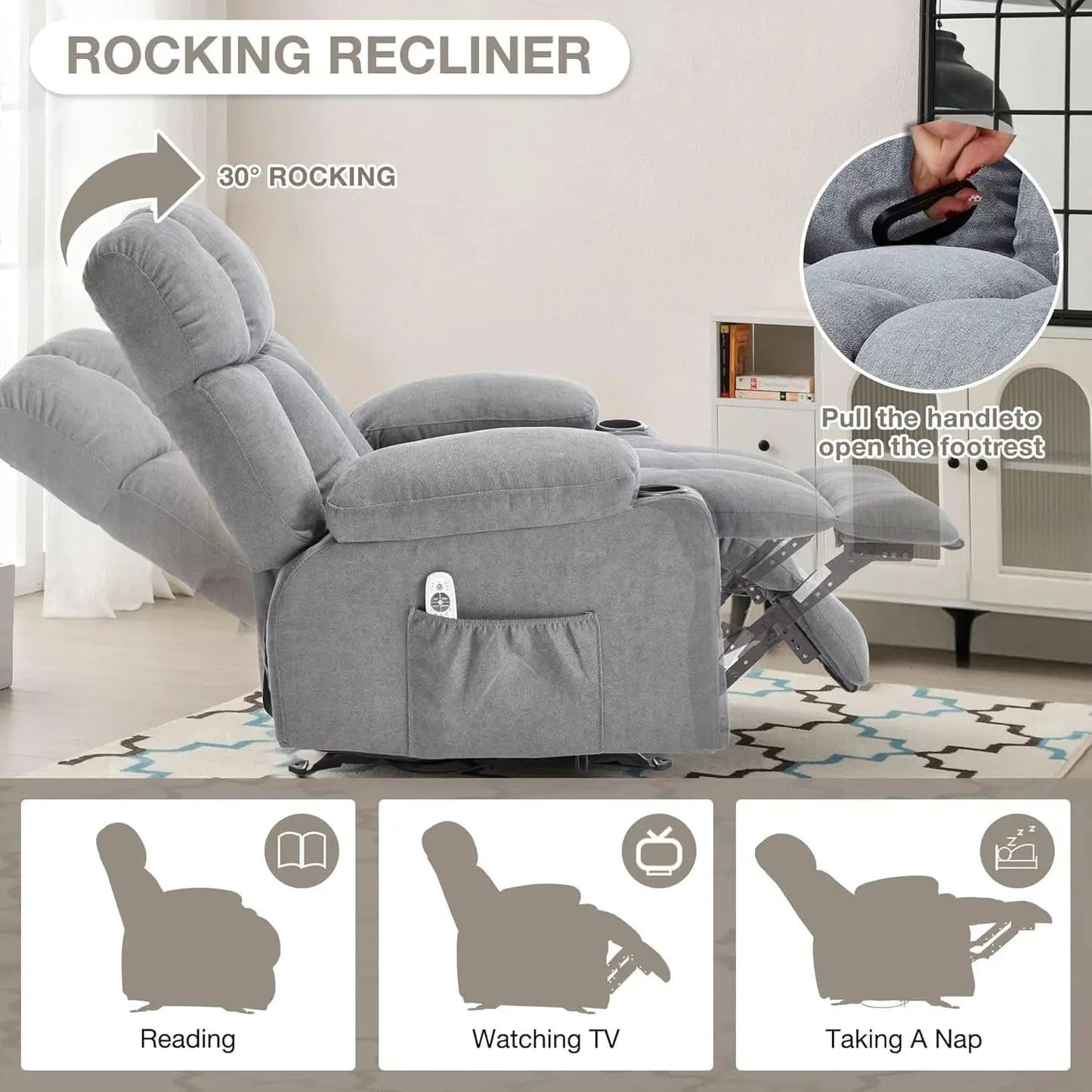 Massage Rocker Recliner Chair With Heat And Vibration Grey from PriceLows™