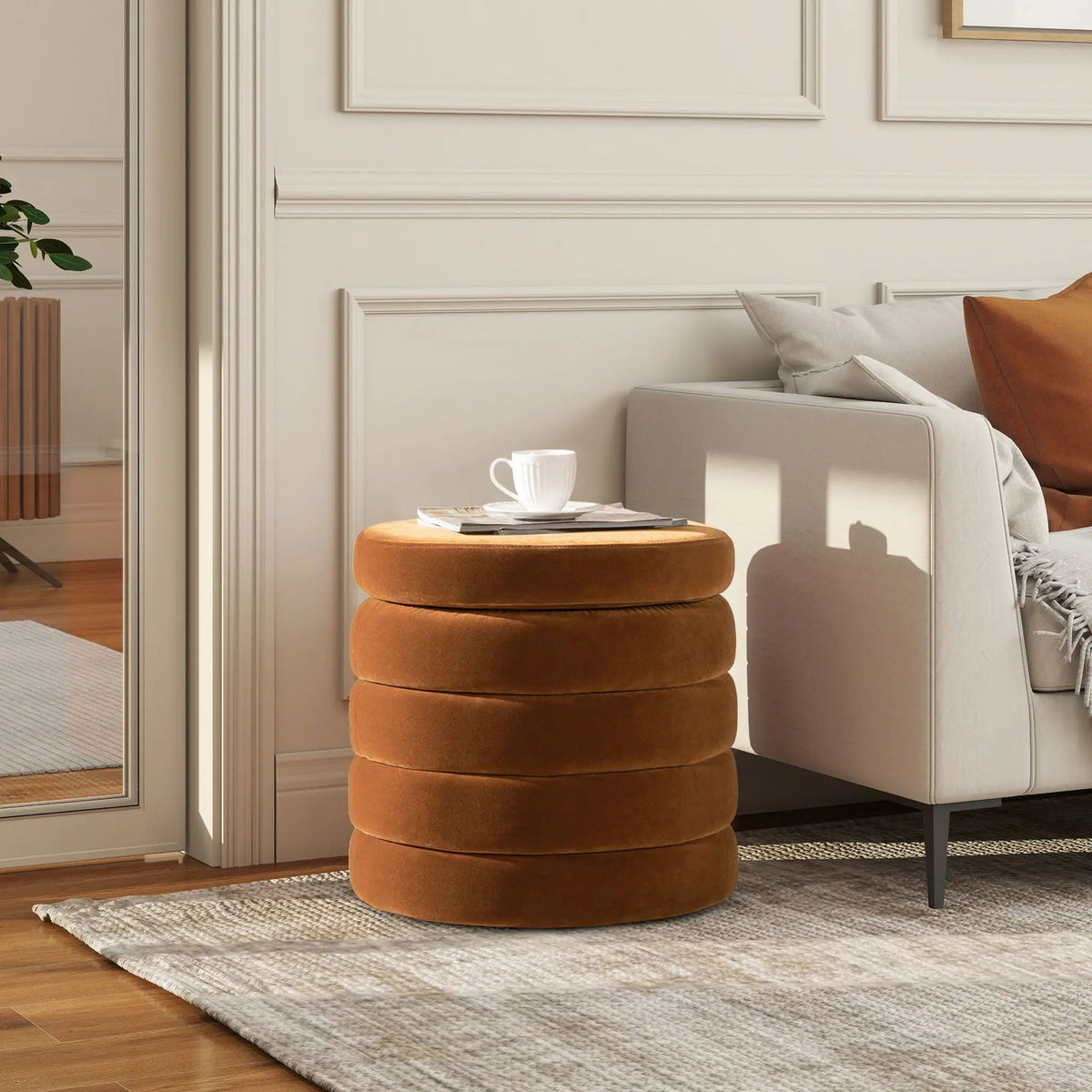 Fuji Oversized Round Storage Ottoman | Kiln-Dried Birchwood | Handmade Craftsmanship | 19 Inch Height