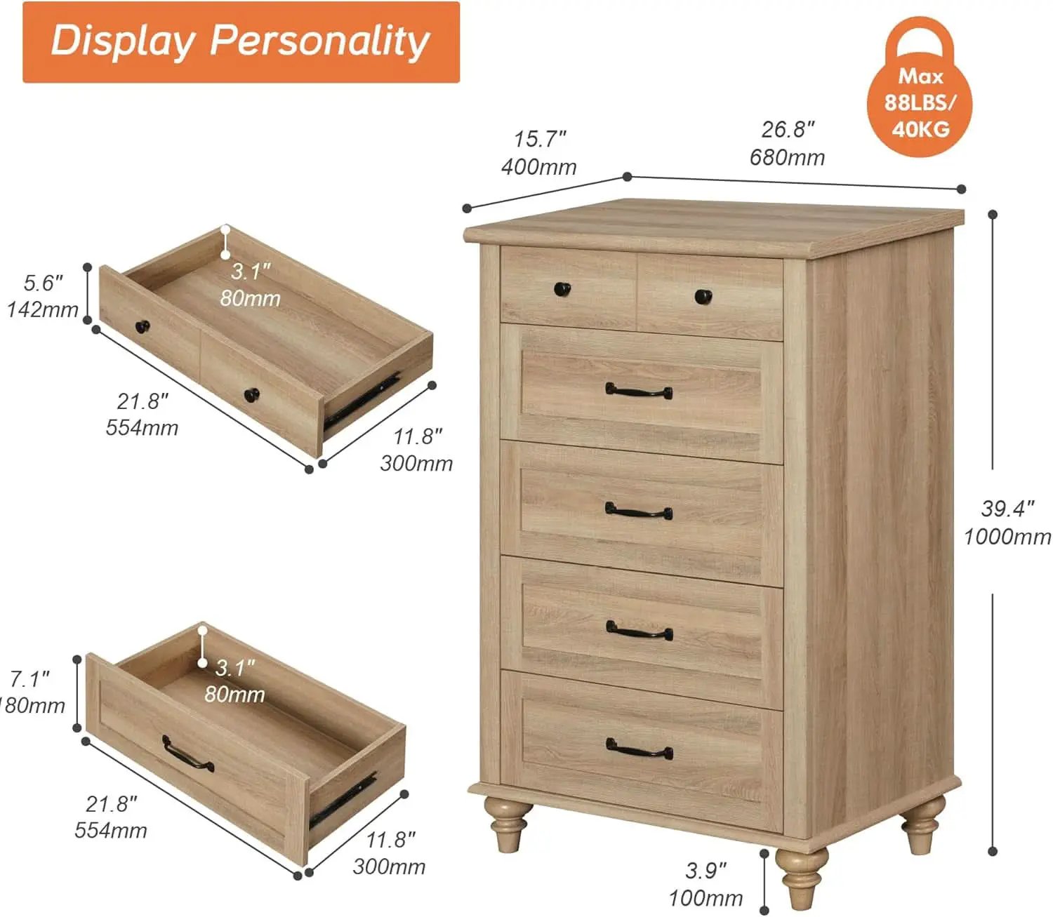 Oak Midcentury Dresser Five Drawers Storage Organizer from PriceLows™