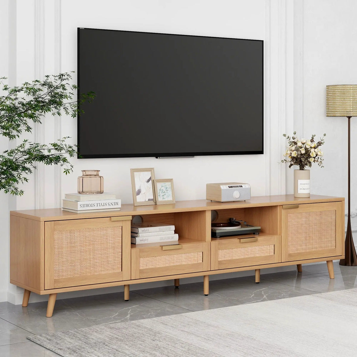 Rattan TV Stand | Media Console | Two Cabinets And Two Open Shelves | Cable Management