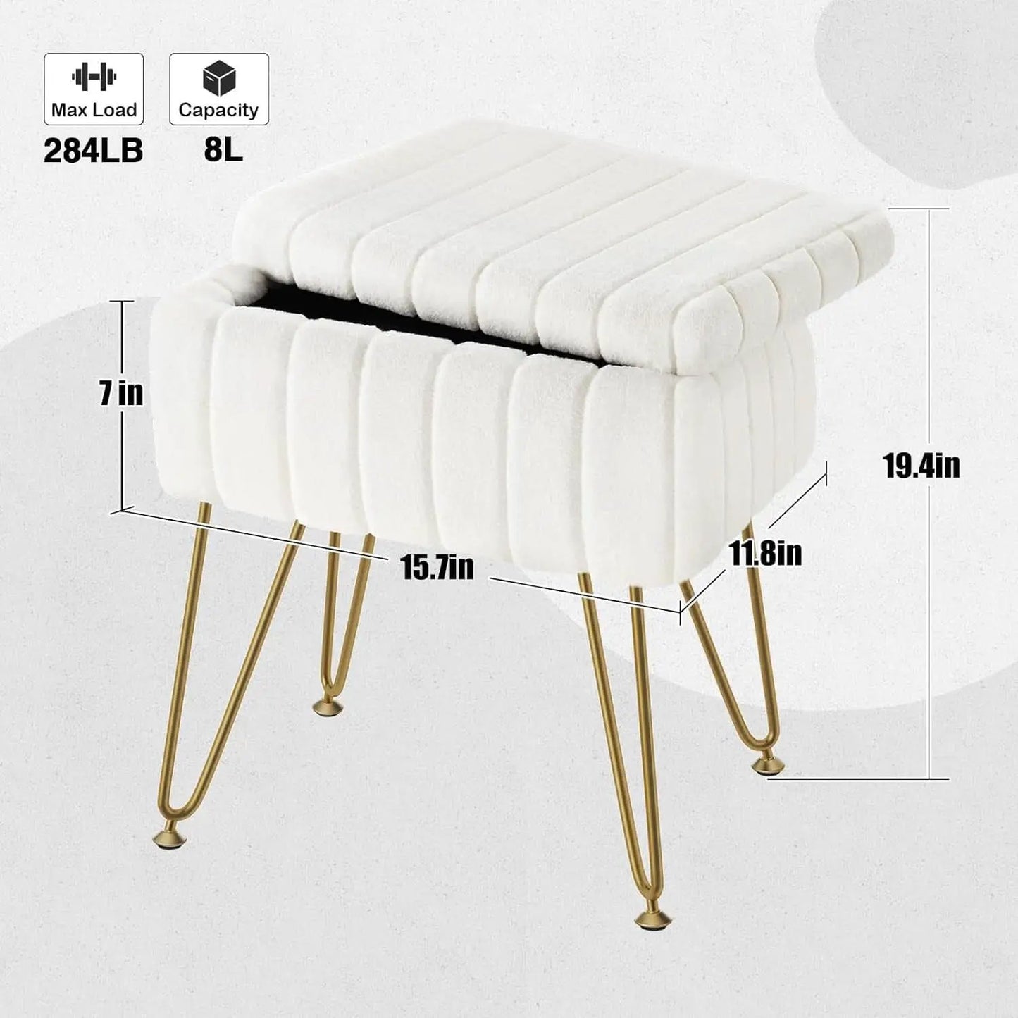 White Faux-Fur Vanity Stool With Premium-Grade Stowable-Storage from PriceLows™
