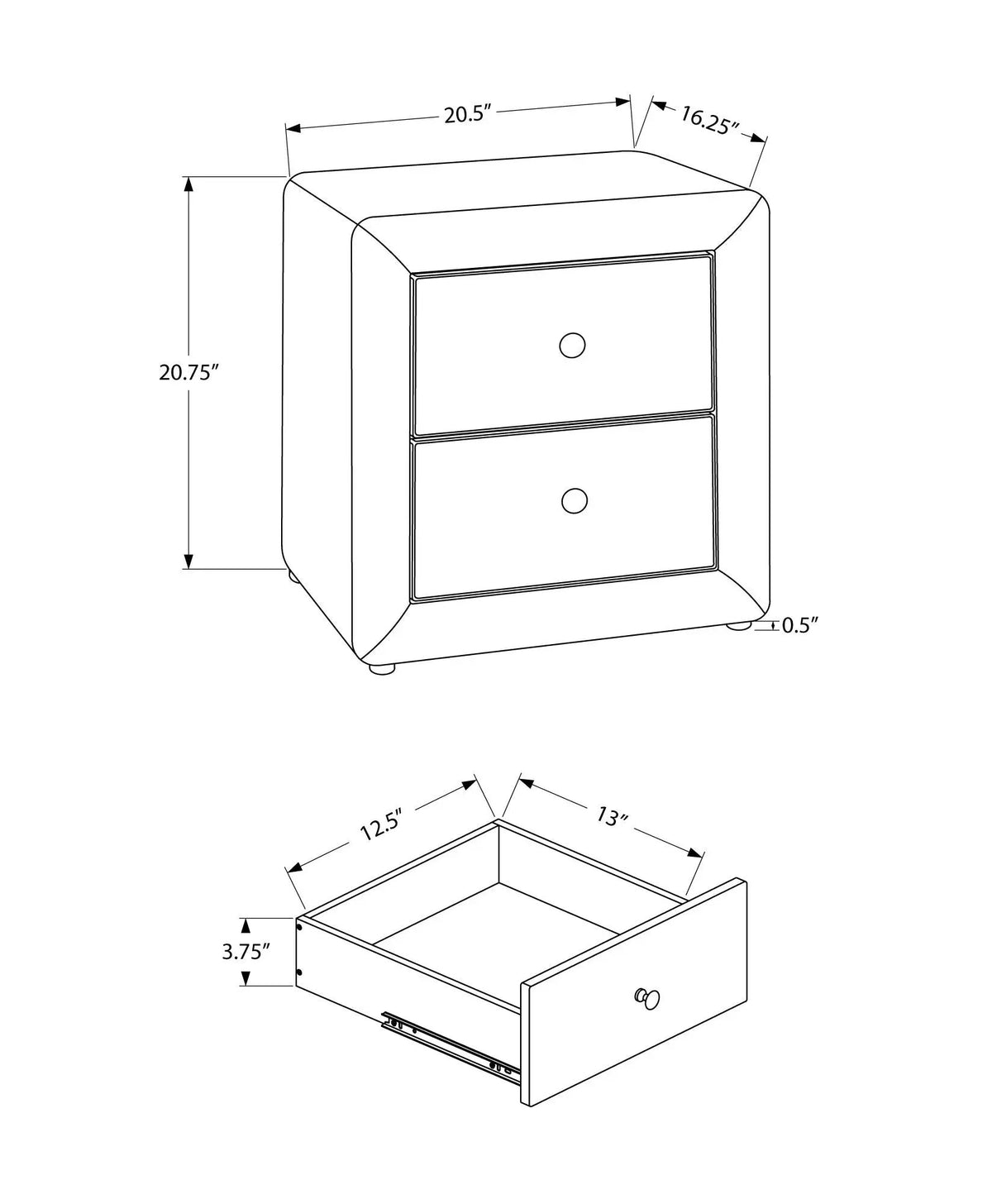 Upholstered Nightstand | Transitional Style | Two Storage Drawers | Metal Drawer Knobs