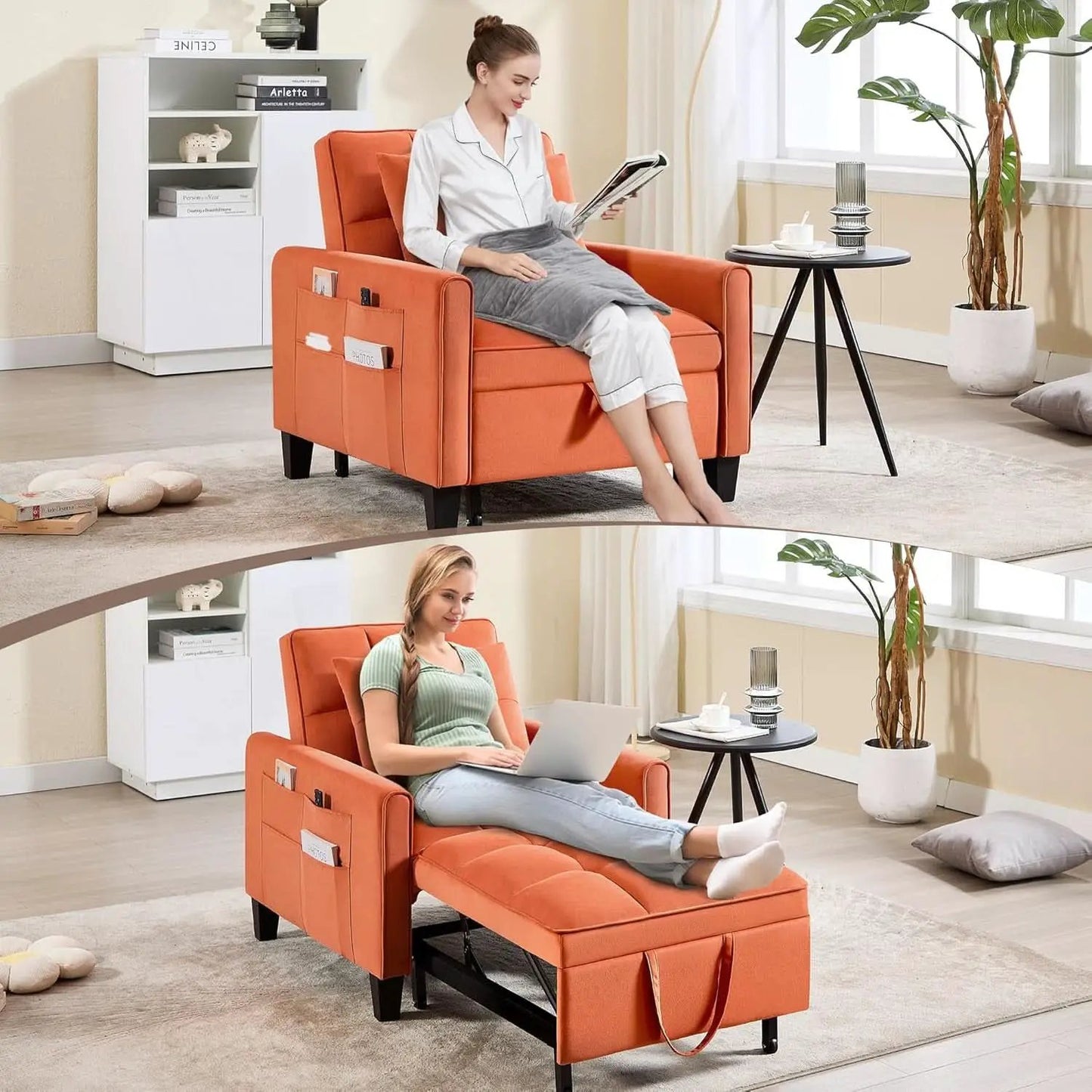 Three In One Velvet Orange Convertible Sleeper Chair from PriceLows™