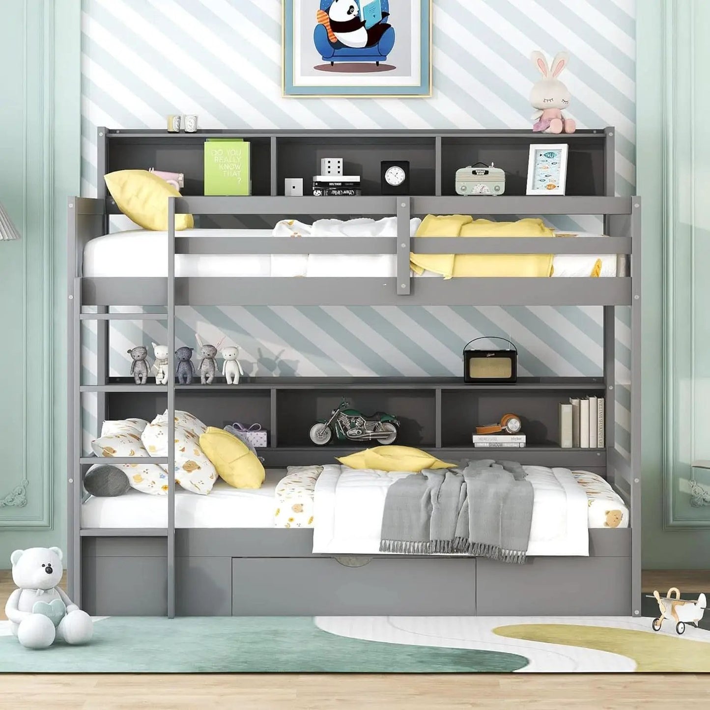 Grey Wood Twin Over Twin Bunk Bed With Storage Shelves And Drawer from PriceLows™