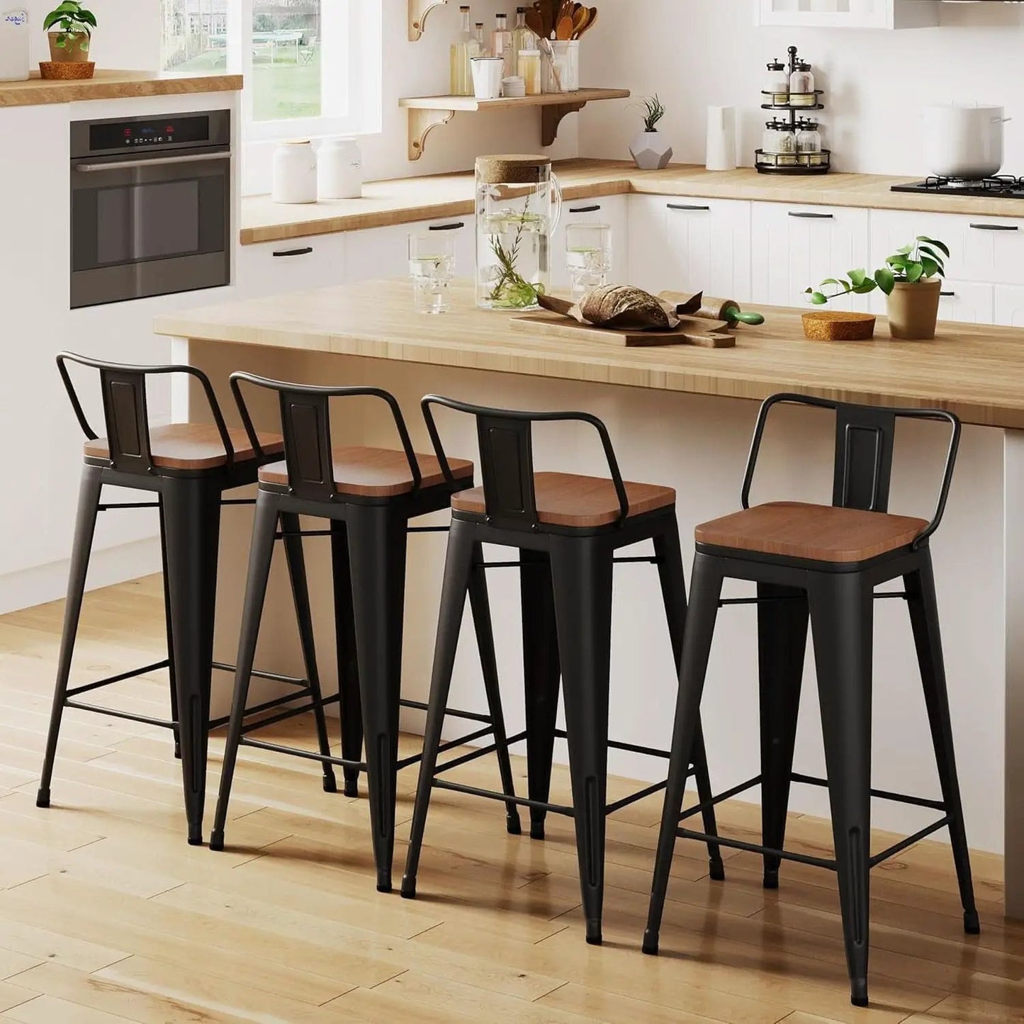 30 Inch Low Back Metal Barstools With Wooden Seat from PriceLows™
