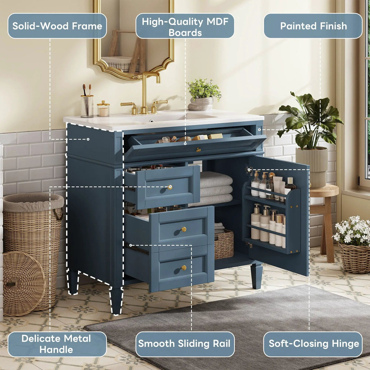 36 Inch Bathroom Vanity With Top Sink | 3 Drawers | Metal Drawer Slides | Ceramic Sink