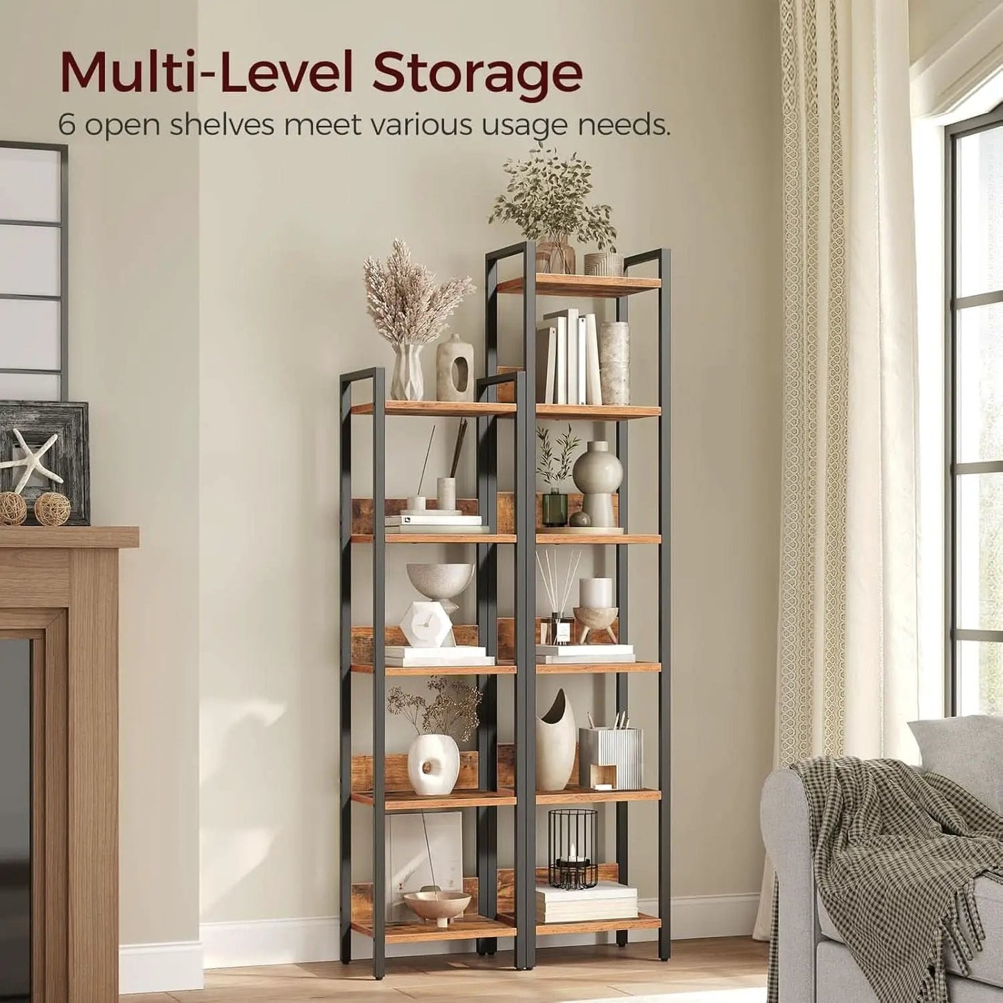Six Tier Standing Bookcase In Rustic Brown And Black For Small Spaces from PriceLows™