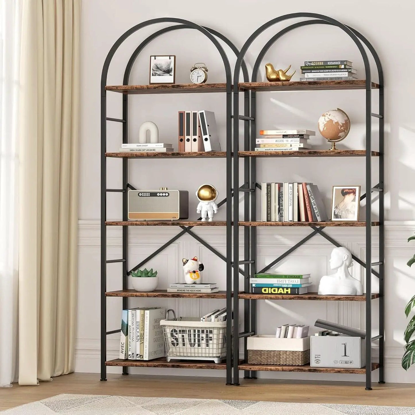 Arched Five Tier Bookshelf Rustic Brown Storage Unit from PriceLows™