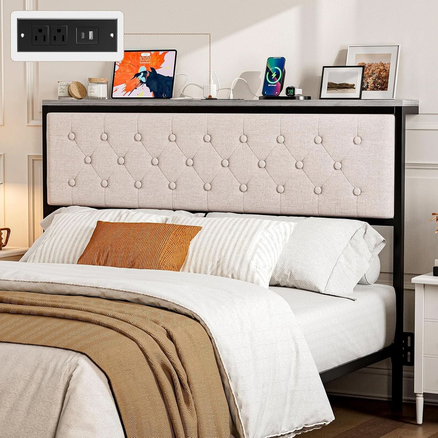 Queen Size Upholstered Headboard with Storage and Charging from PriceLows™
