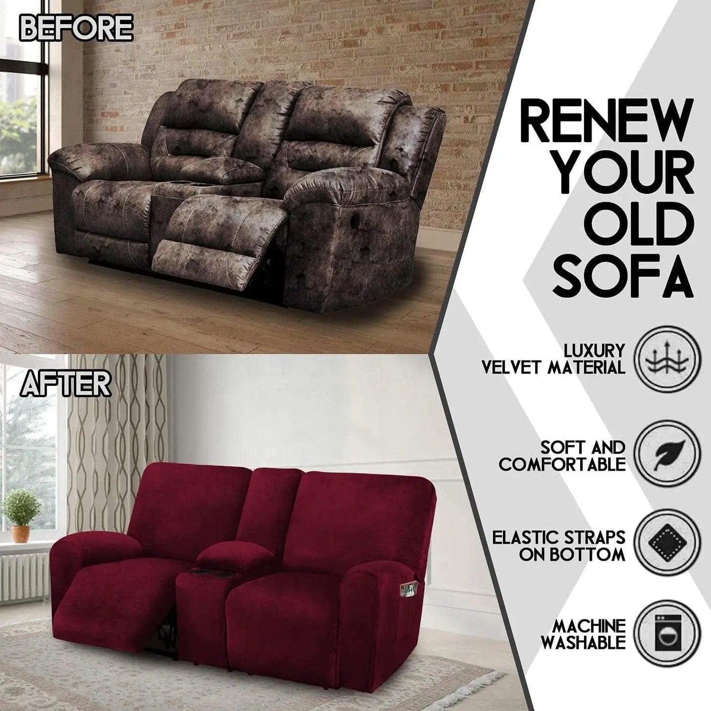 Burgundy Velvet Reclining Loveseat Slipcover Set 2 Seater Machine Washable from PriceLows™