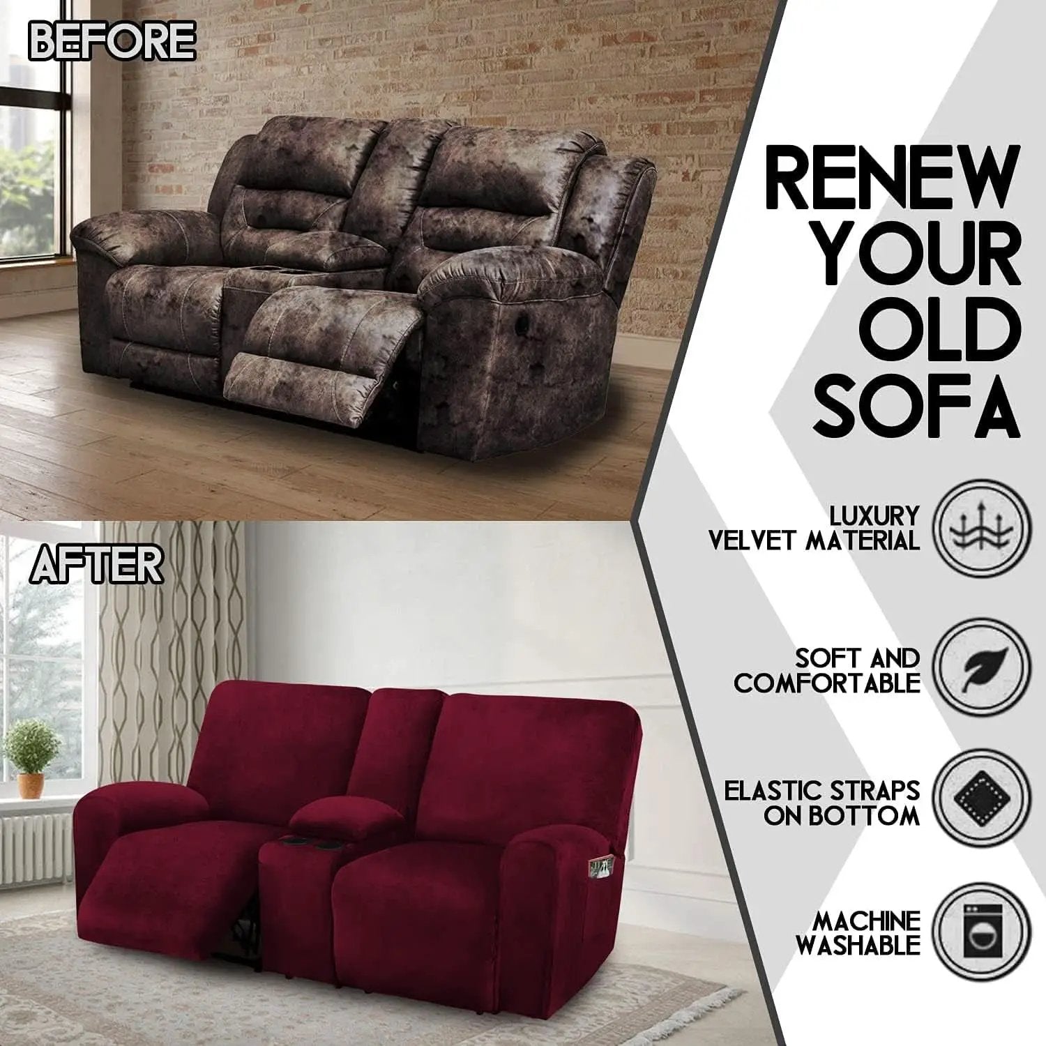 Burgundy Velvet Reclining Loveseat Slipcover Set 2 Seater Machine Washable from PriceLows™