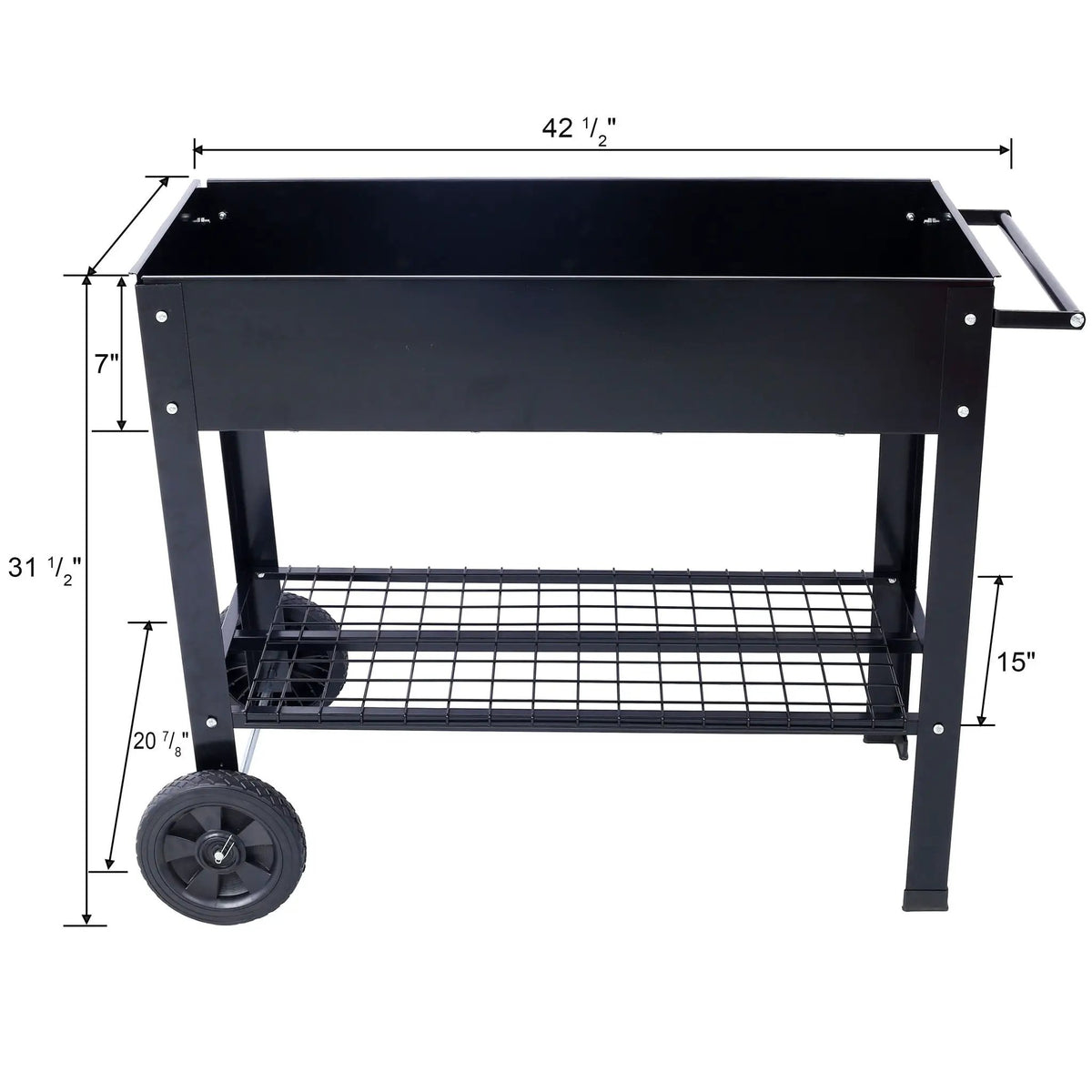 Raised Metal Planter | Wheeled Base | Storage Shelf | Black