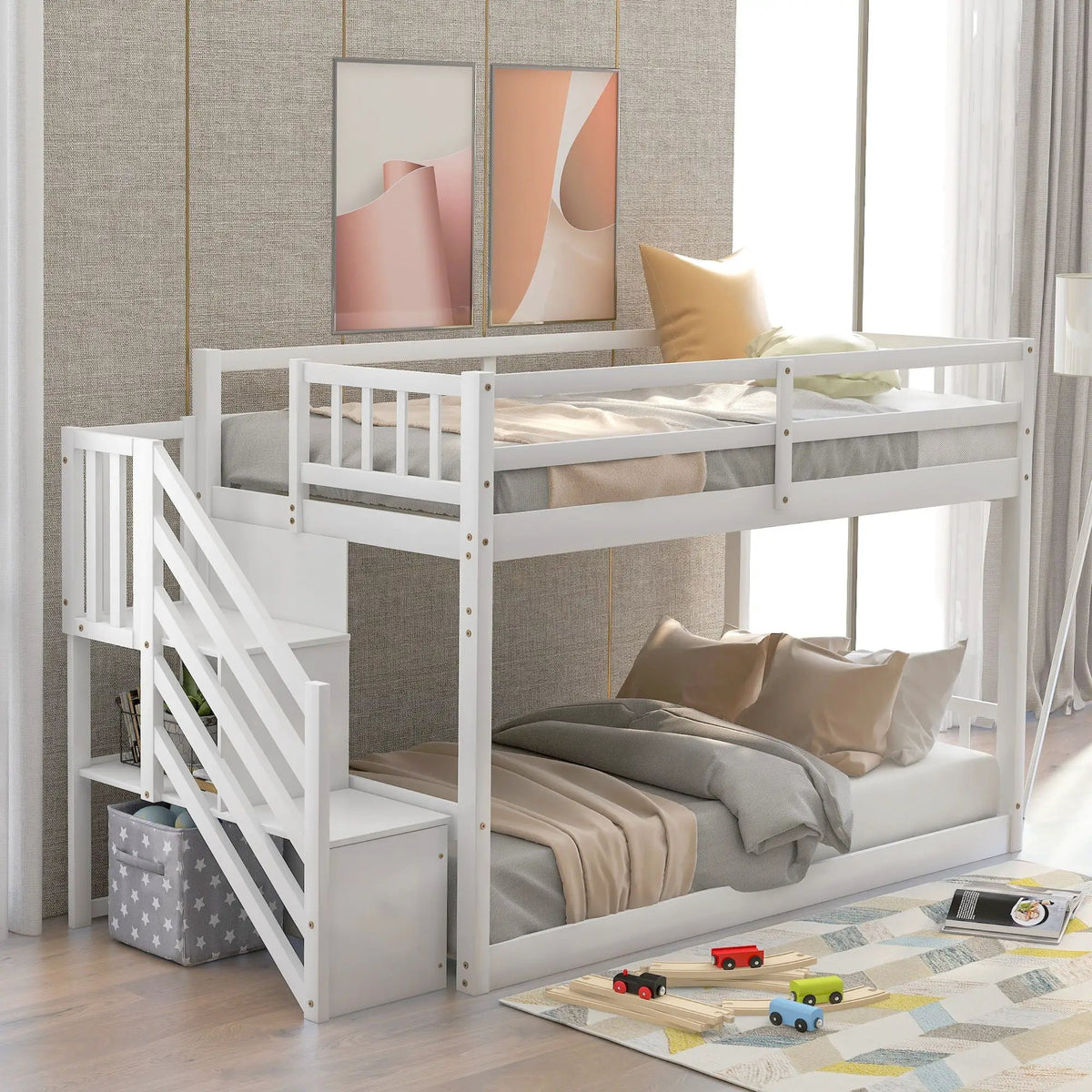 Floor Bunk Bed | Dual Guardrails | Ladder Storage | Twin Over Twin