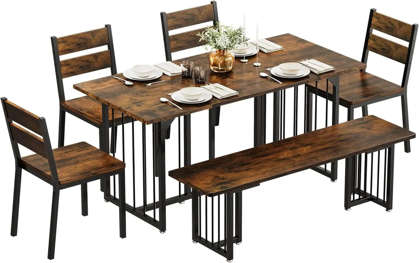 63 Inches Luxurious Farmhouse Dining Table Set Walnut from PriceLows™