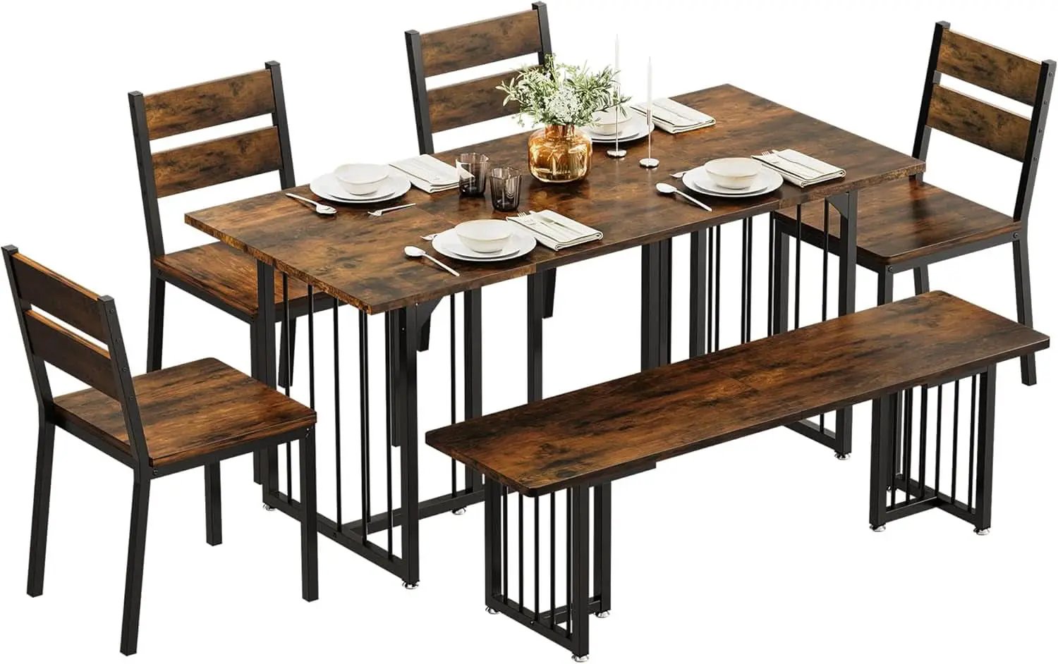 63 Inches Luxurious Farmhouse Dining Table Set Walnut from PriceLows™