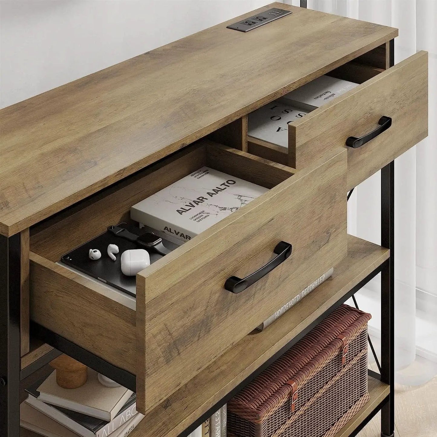 Rustic Brown Industrial Console Table With Storage Shelves from PriceLows™
