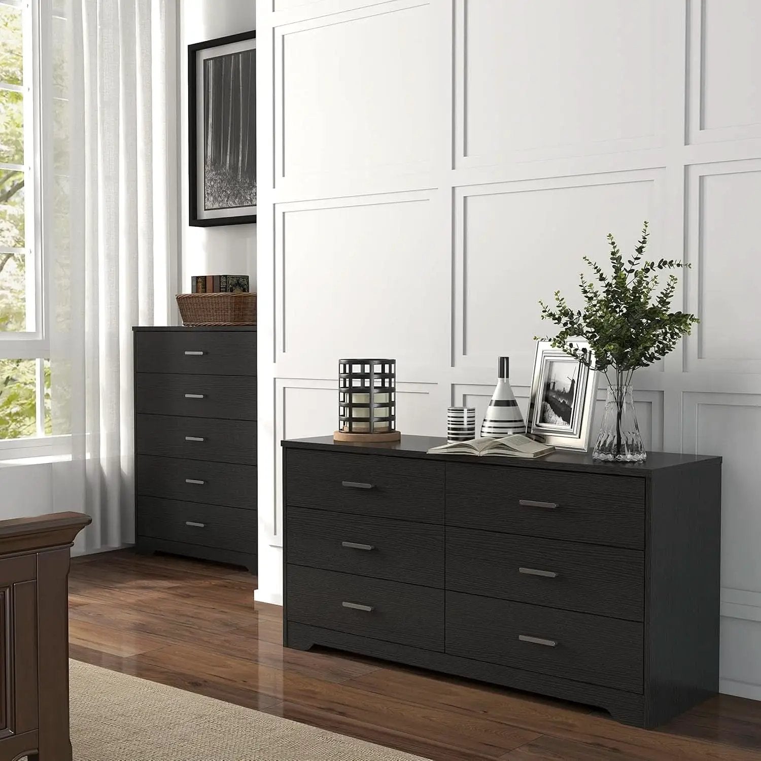Wooden Six Drawer Dresser In Black For Living Room Bedroom from PriceLows™