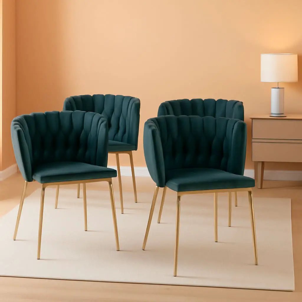 Velvet Dining Chairs Set of 4 With Gold Metal Legs in Green from PriceLows™