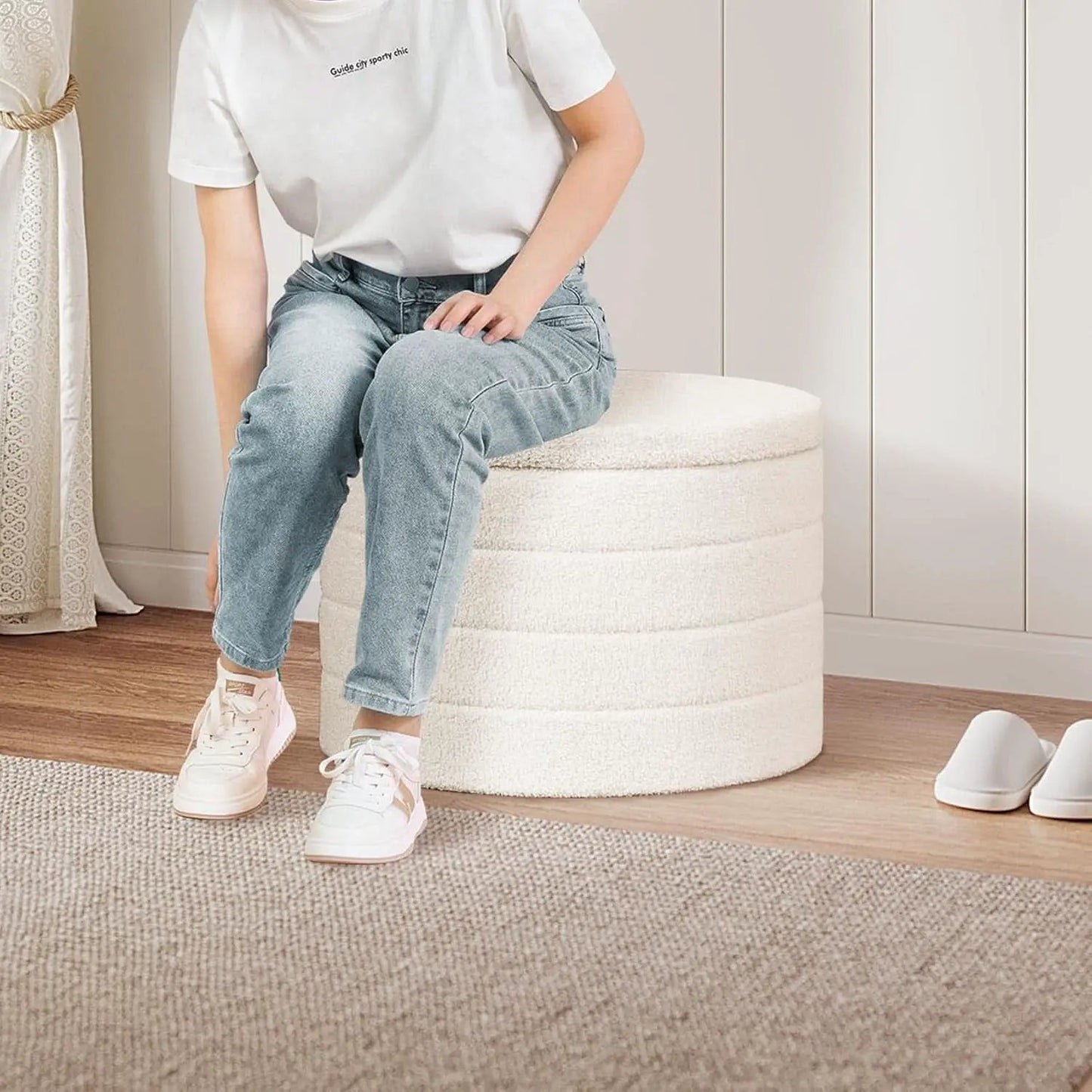 Rounded White Luxurious Boucle Storage Ottoman Lid from PriceLows™
