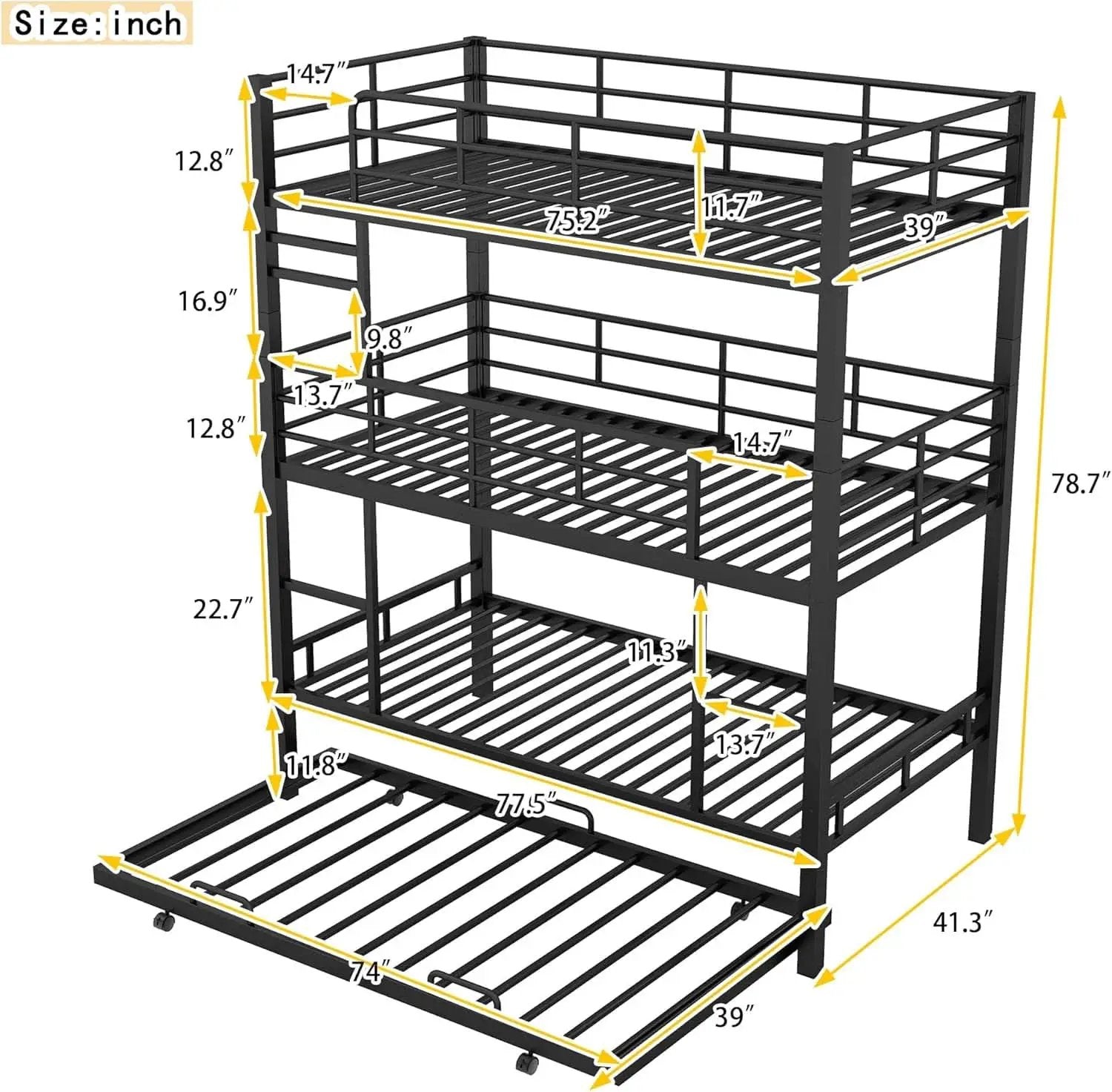 Metal Twin Size Triple Bunk Bed with Trundle, Black for Kids from PriceLows™