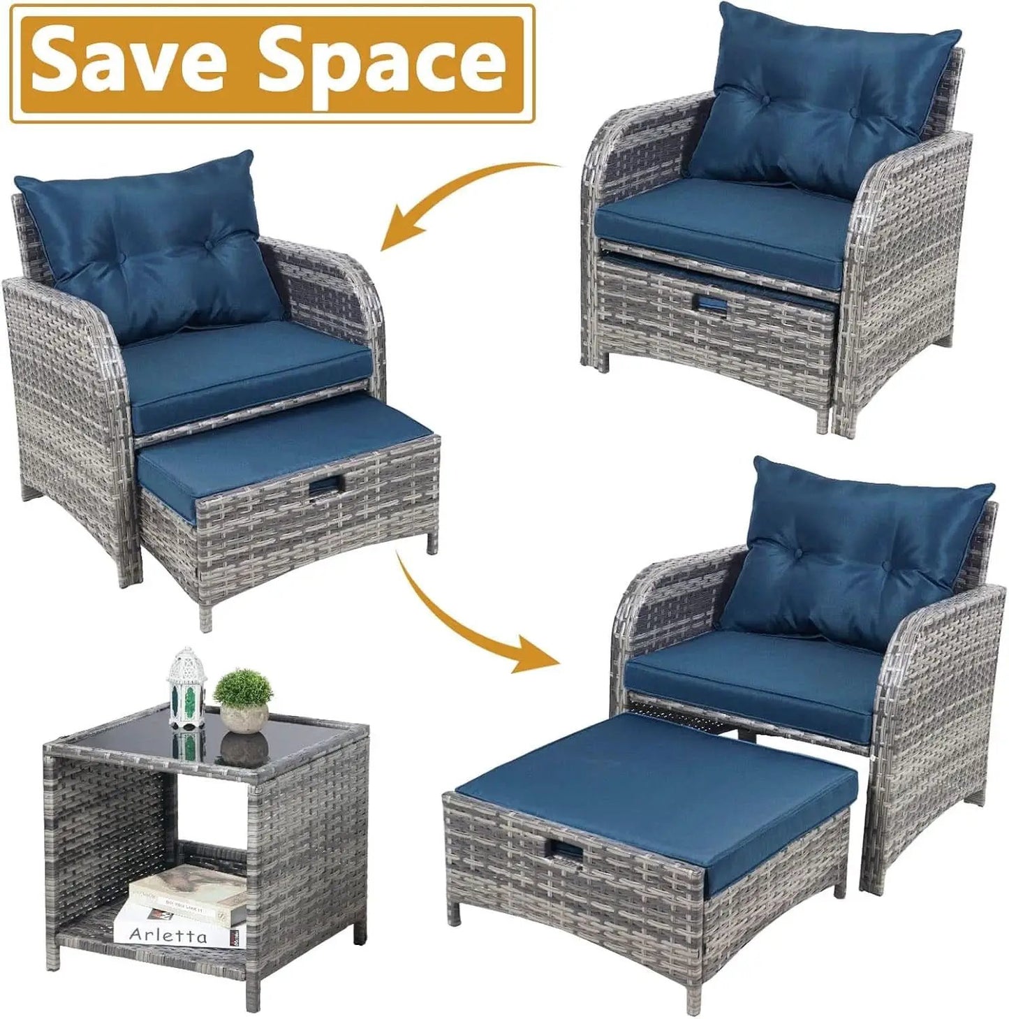 5 Pieces Wicker Outdoor Patio Chairs Set With Ottoman Blue from PriceLows™