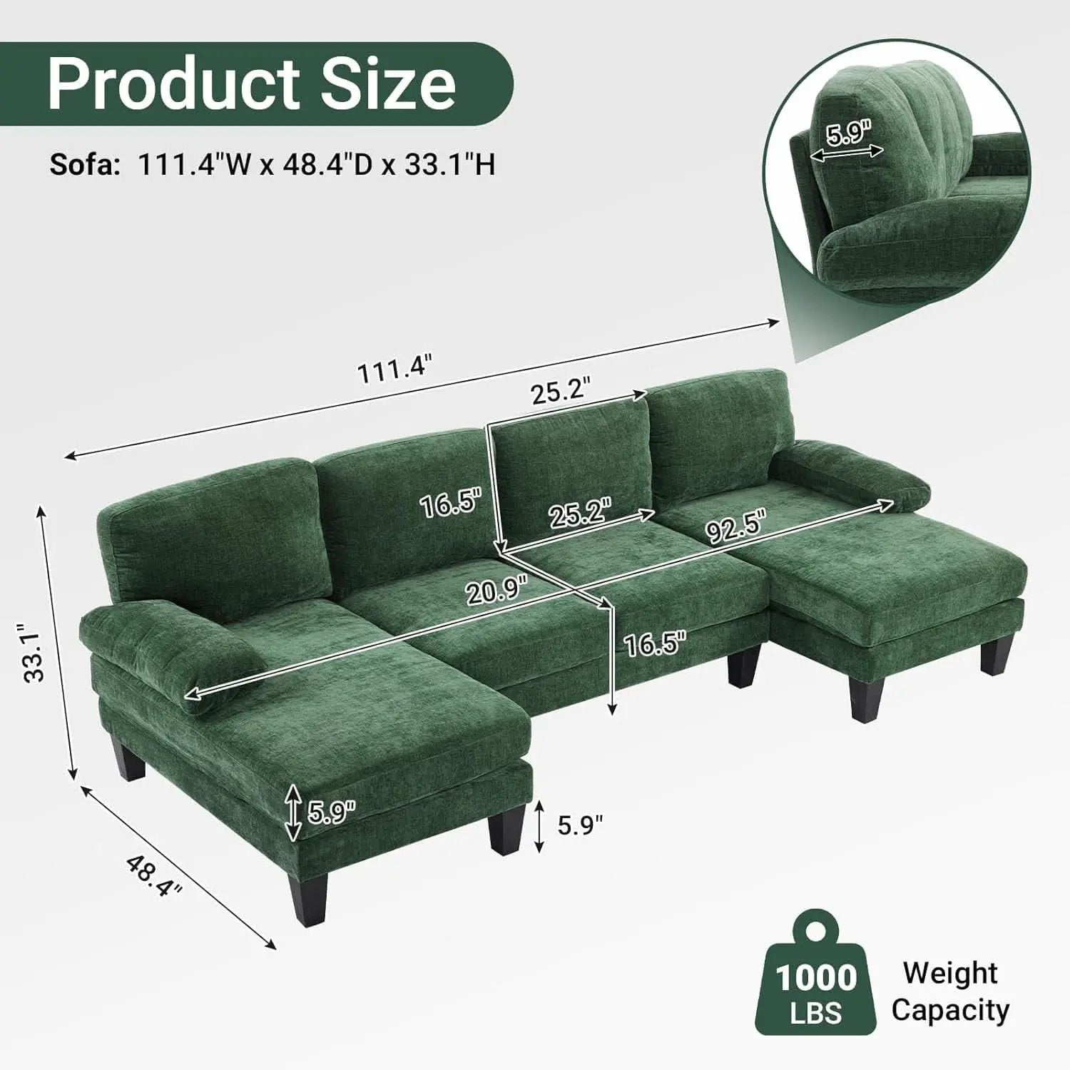 Forest Green 110 Inch U Shape Sectional Couch Double Chaise from PriceLows™