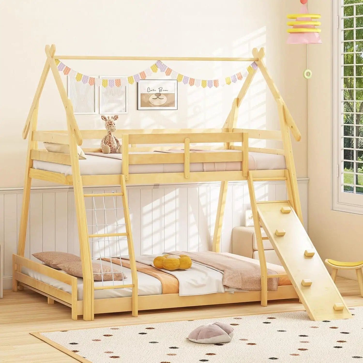 Twin Over Queen Bunk Bed With Climbing Nets Ramp Natural from PriceLows™