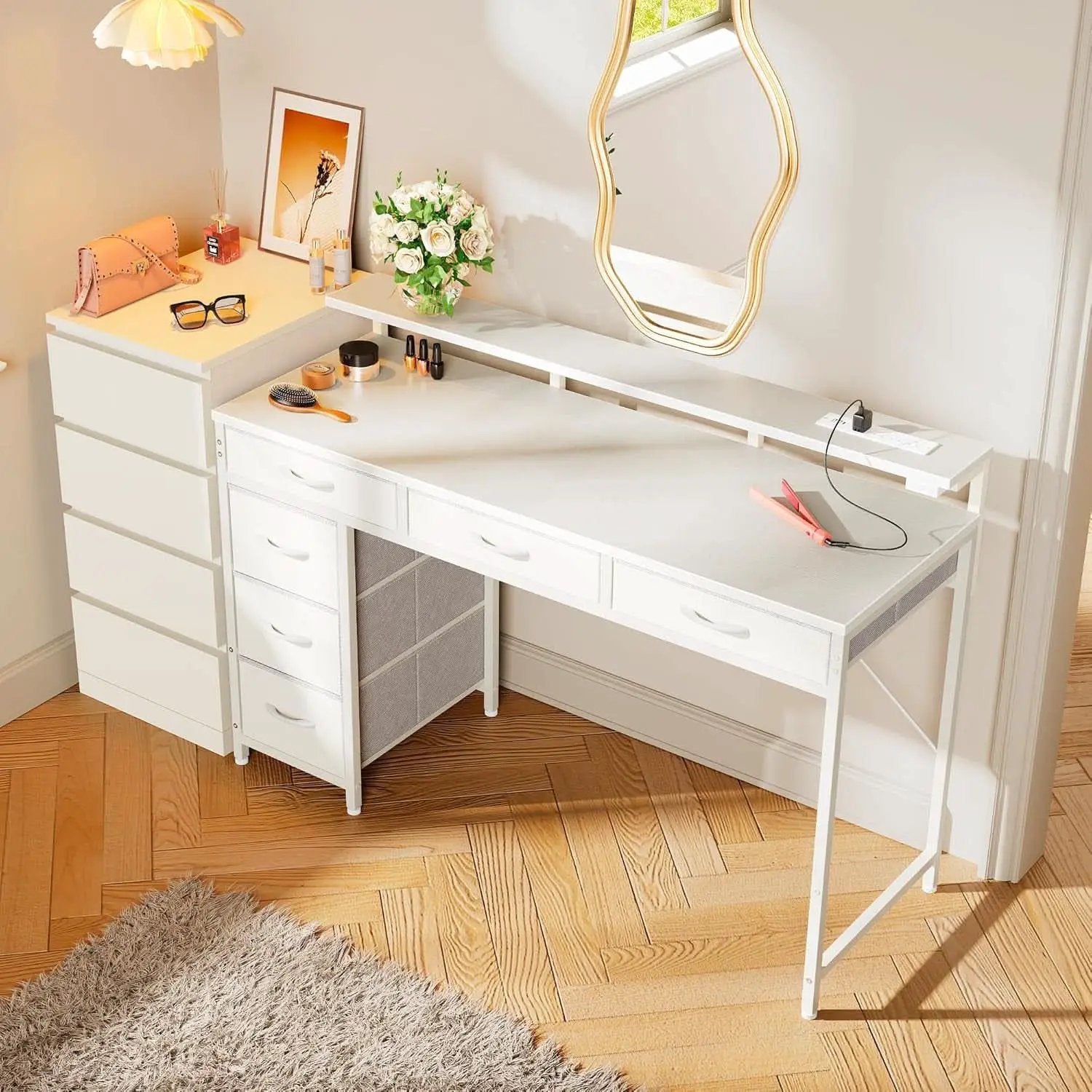 White 47 Inch LED Gaming Desk With 6 Drawers USB Type C from PriceLows™