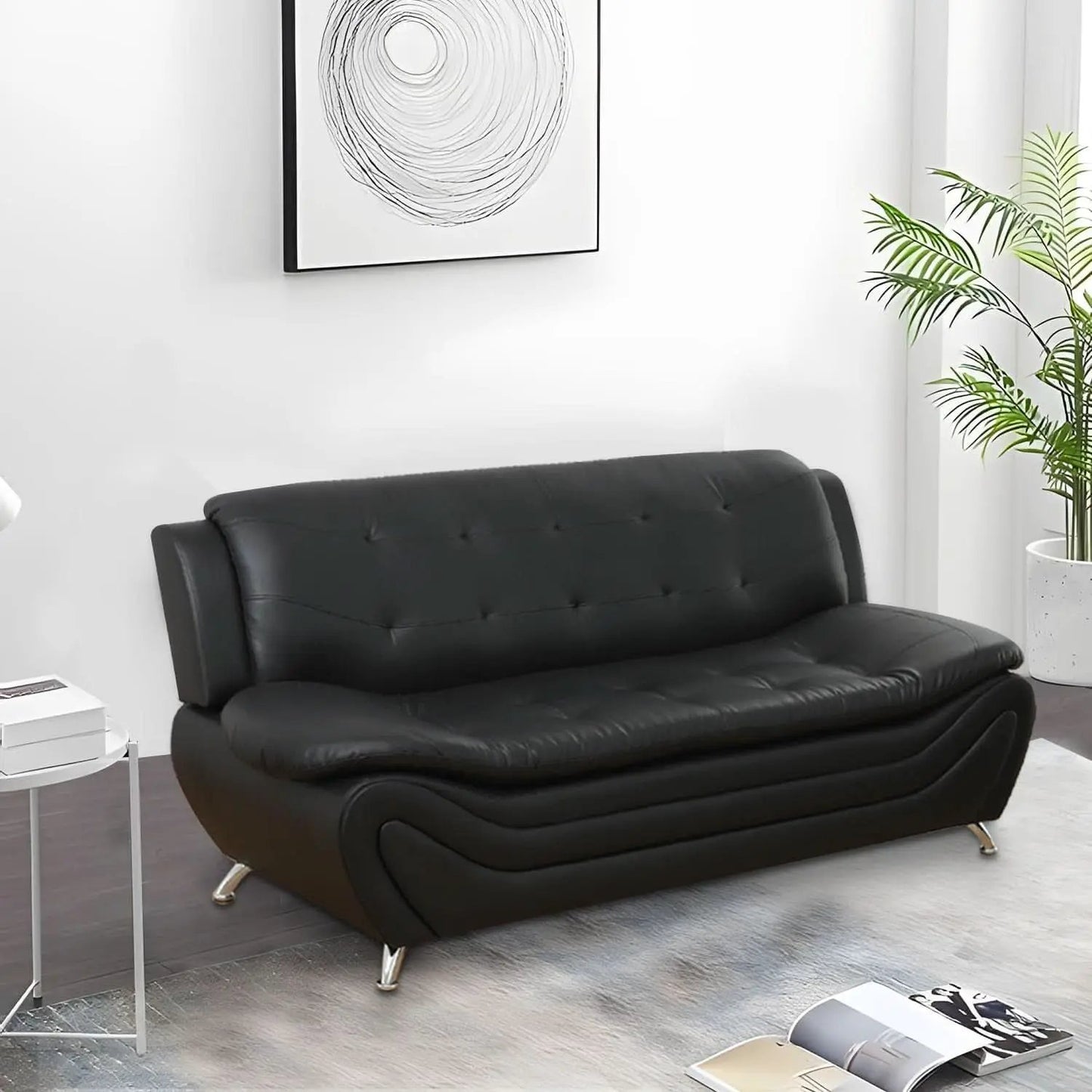 3 Piece Faux Leather Sofa Set For Living Room Black 3 Seater Sofa Loveseat Armchair from PriceLows™