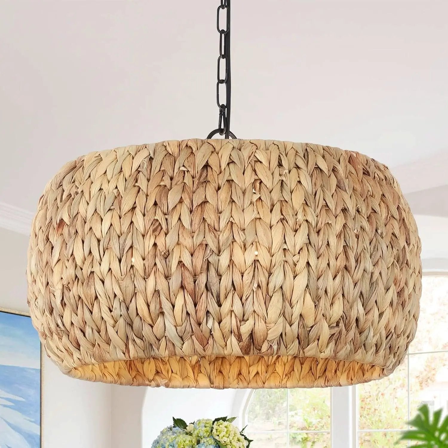5 Light Farmhouse Rattan Chandelier Natural Water Hyacinth Shade from PriceLows™