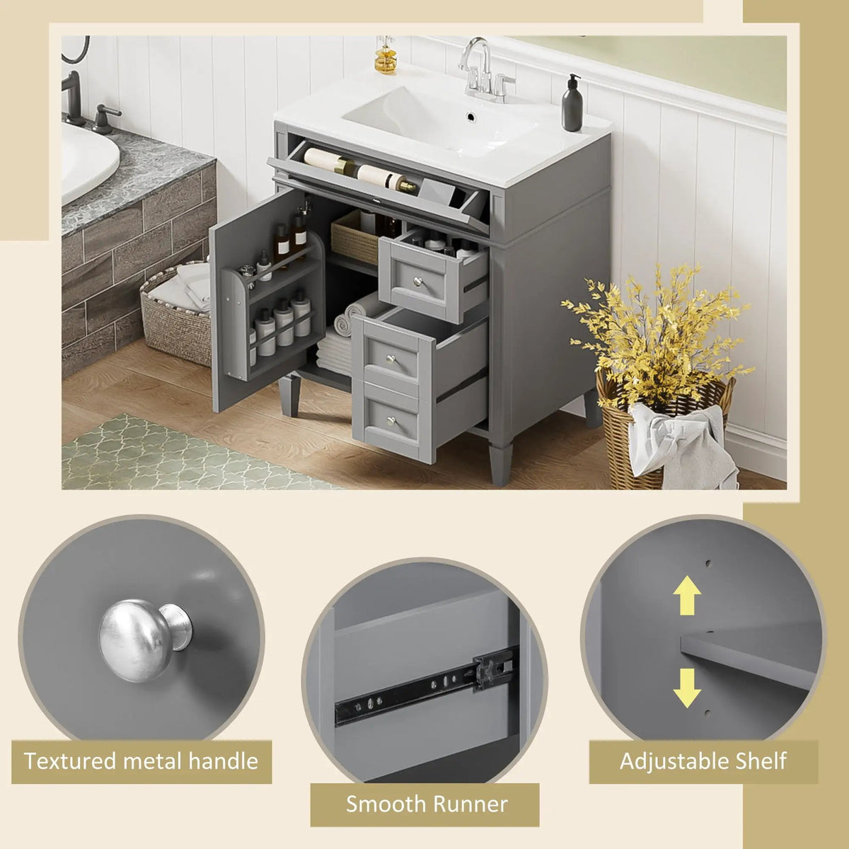 30 Inch Bathroom Vanity With Top Sink | 2 Drawers | Tip-Out Drawer | Vintage-Inspired Handles