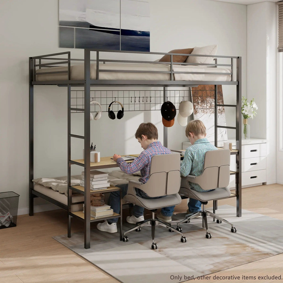 Ethan Bunk Bed With Desk, Charging Station, Storage Shelves | 2 Pieces | Metal | Bedroom