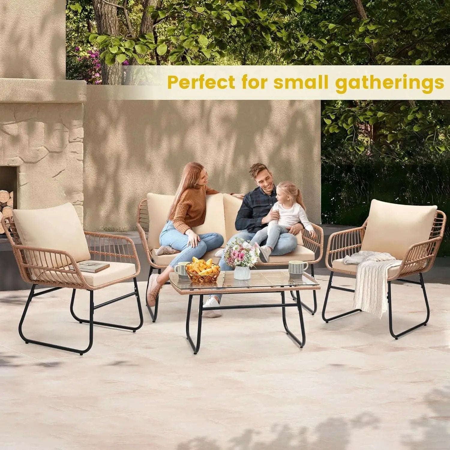 Four Piece Outdoor Wicker Sofa Rattan Chairs Set from PriceLows™