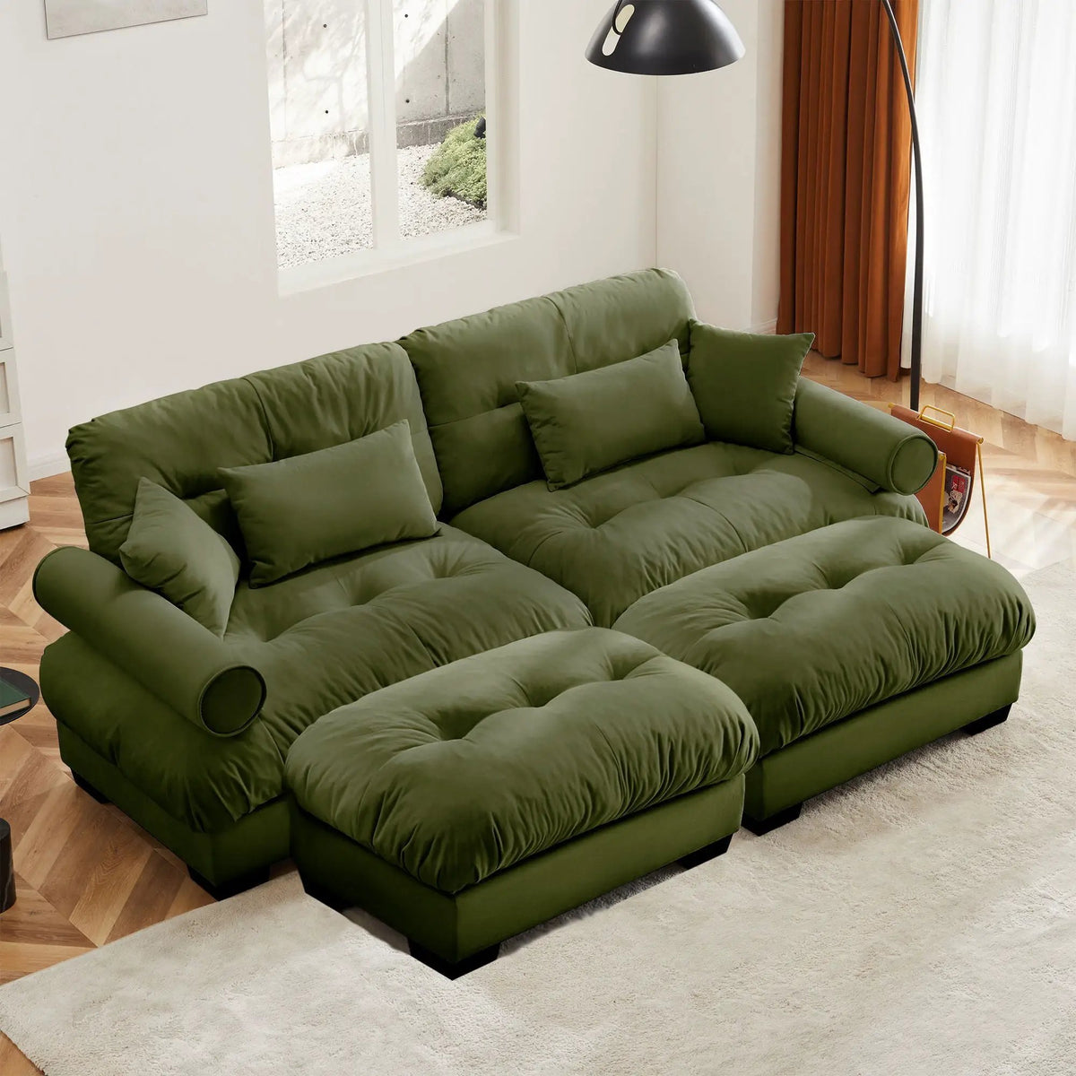 Modular Sectional Sofa | Deep Comfort Cushions | Vintage Fabric Ottoman