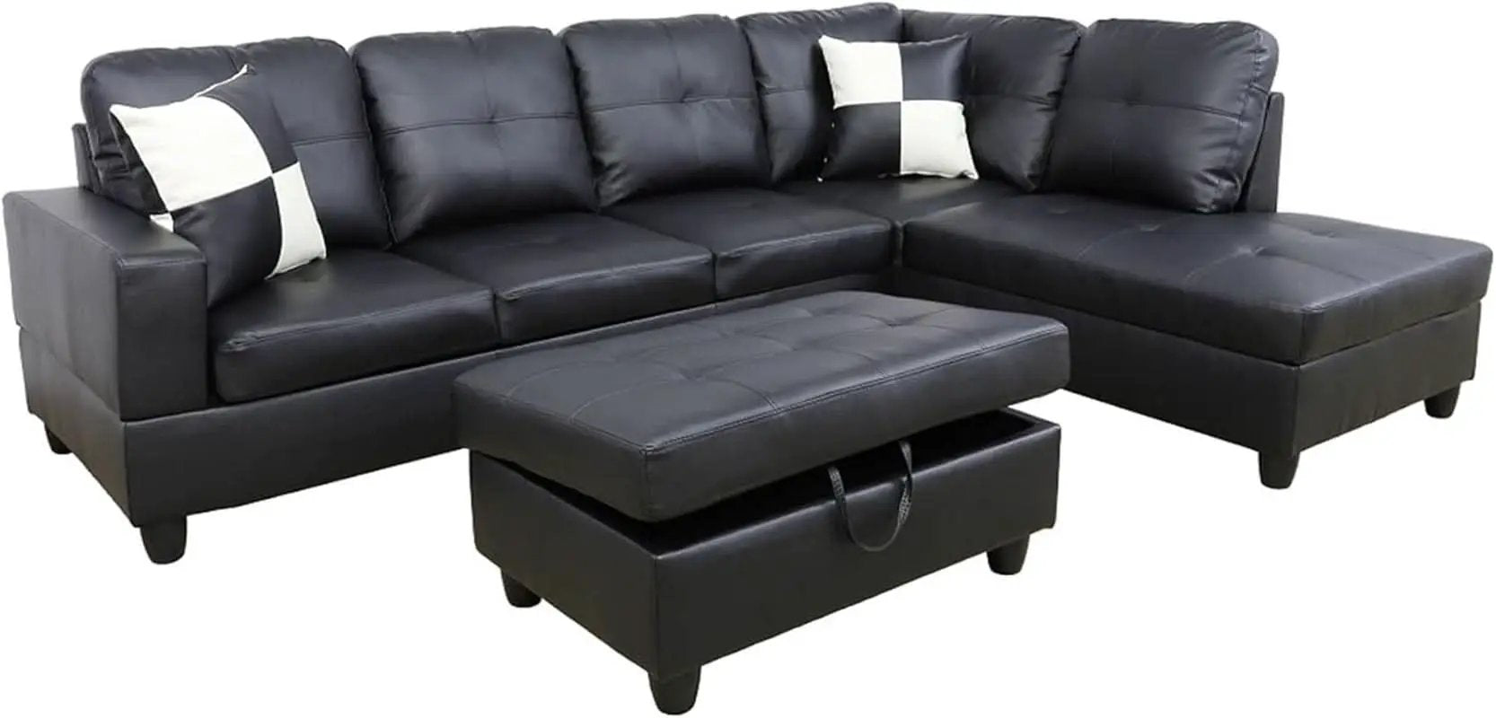 Faux Leather L Shaped Sectional Sofa Black 103 Inch Wide With Ottoman from PriceLows™